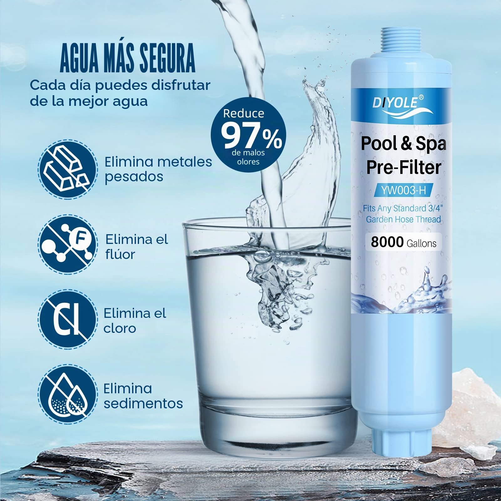 Filtro de manguera de jardín para llenar piscina, jacuzzi, spa, reduce considerablemente los sedimentos, cloro, metales pesados y olores, rosca estándar de manguera de jardín de 3/4 pulgadas,
