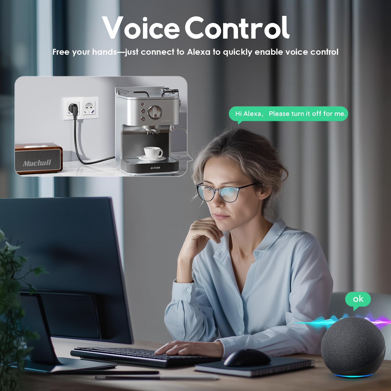 Prise intelligente Wi-Fi en verre, 2 gangs, 157 x 86 mm, prise murale intelligente avec fonction de mesure de l'électricité, charge rapide USB-A/C de 20 W, 2,4 GHz, blanc
