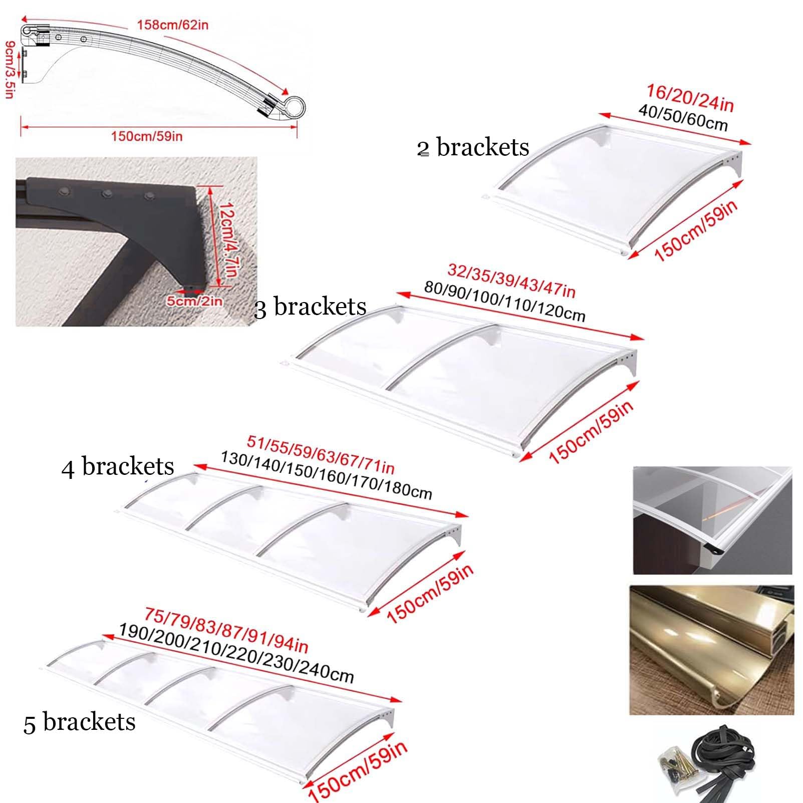 Toldo de Entrada Puertas y Ventanas,Marquesina para Puertas y Ventanas Exterior,Soporte de Arco Tejadillo de Protección Marquesina Exterior contra Sol y Lluvia (150x240cm/59inx94in,150CM)