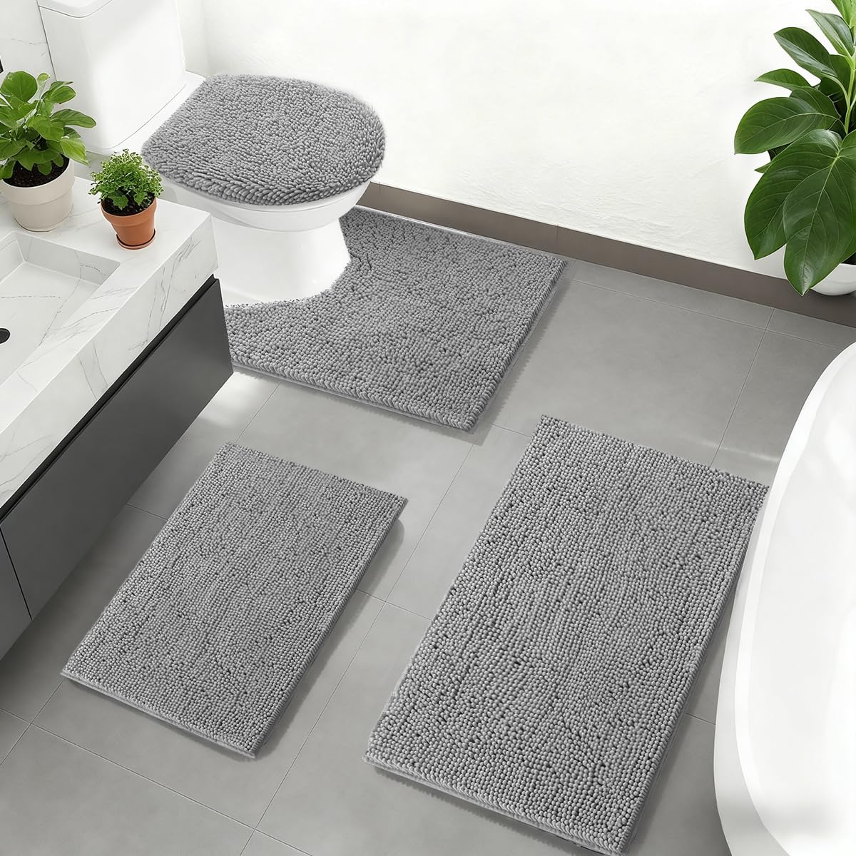 Photo 1 of ** light gray-*
Bathroom Rugs Sets 4 Piece with Toilet Lid Cover, Non Slip Bathroom Mats Extra Soft Chenille Bath Rugs Absorbent Shaggy Rugs Perfect Plush Mats U-Shaped Toilet Rug and Toilet Cover Kitchen,Home Decor