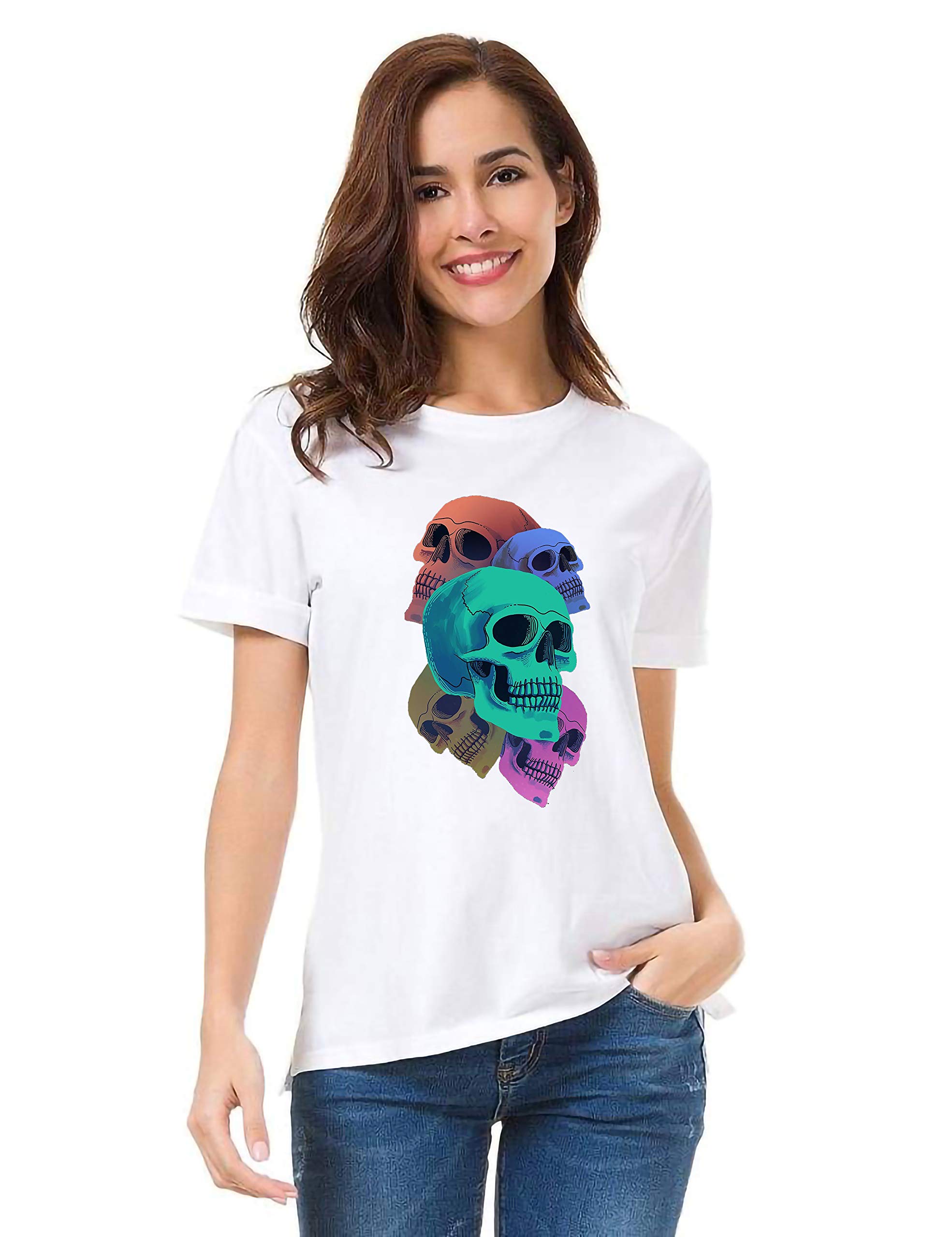 GenericColorful Evil Skull Art Graphic Printed Tshirt for Women | Cool Oversized Women Tshirt
