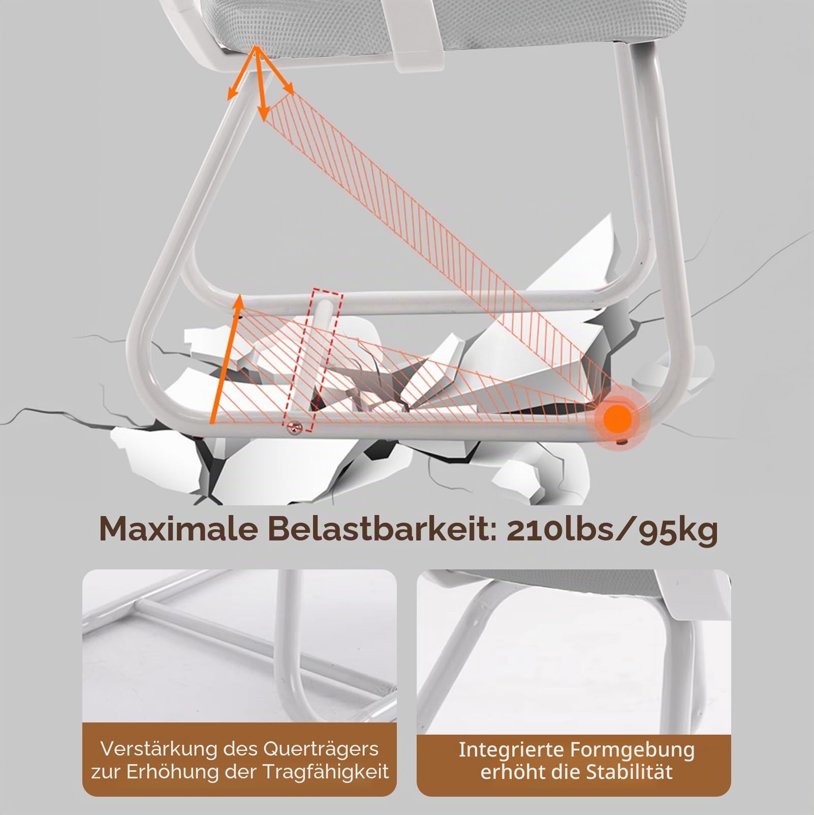 Warmiehomy Schreibtischstuhl ohne Rollen, Ergonomischer Schreibtischstuhl bis 95kg belastbar, Bürostuhl ohne Rollen, Schreibtischstuhl mit Armlehne, Konferenzstuhl, Arbeitsstuhl für Zuhause, Grau