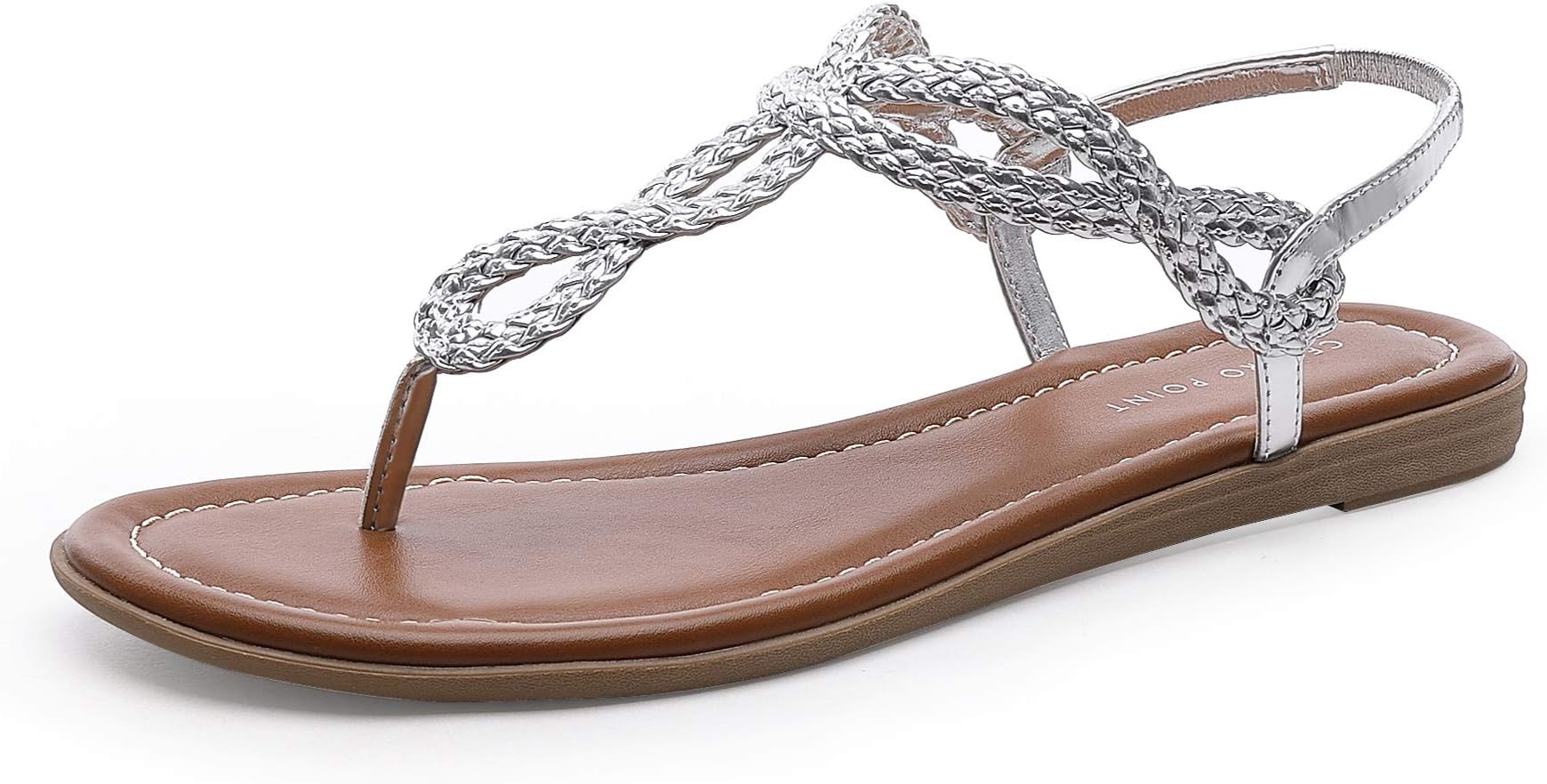 CentroPoint Women's Braided T-strap Thong Slip On Flat Sandals With Elastic Brand Roman Gladiator Fashion Flip Flop Shoes(Silver PU, Numeric_8)