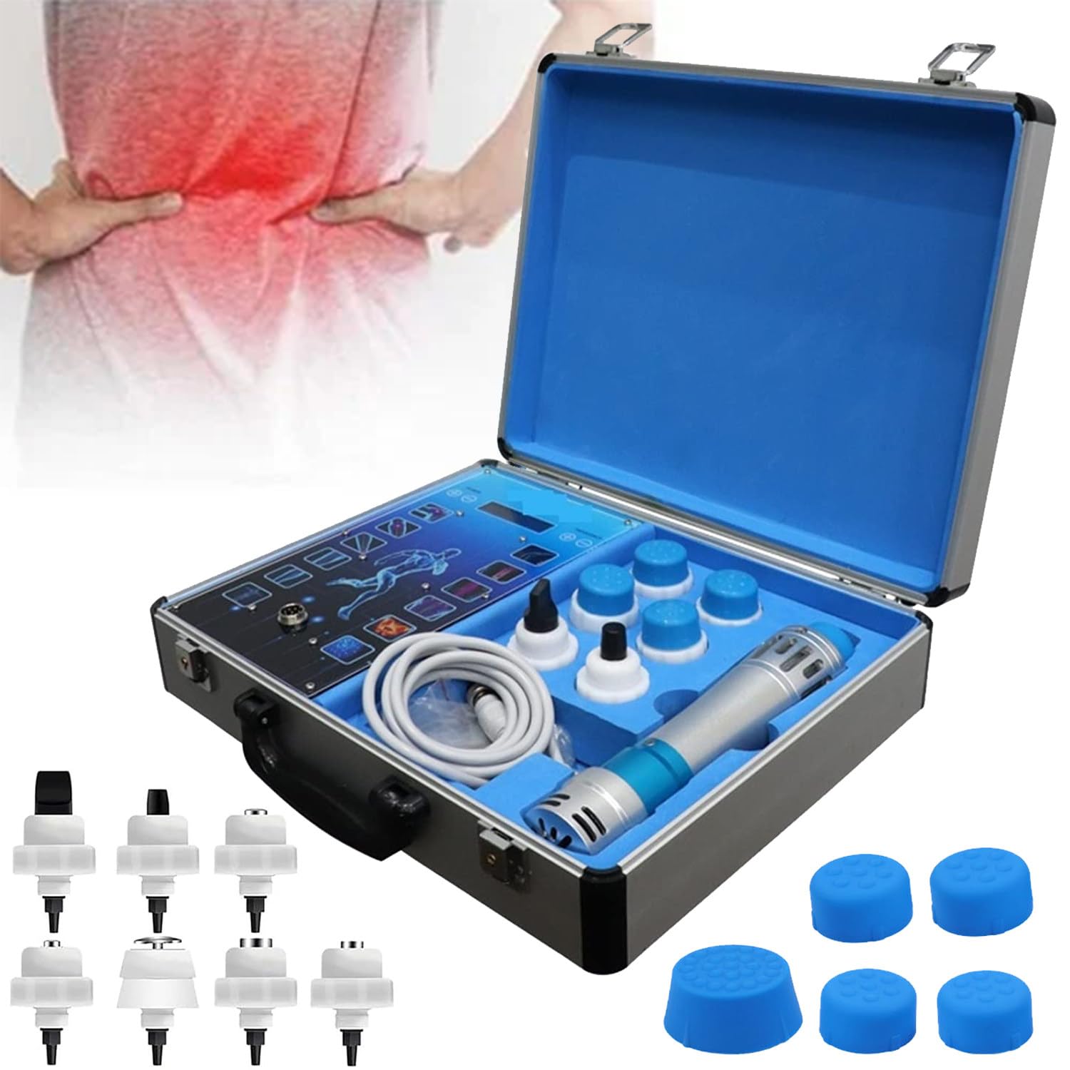 Apparecchio per Terapia a Ultrasuoni a 12 Modalità, Apparecchio Portatile per Terapia a Onde D'urto, Con 7 Testine Massaggianti, 16 Frequenze Regolabili, Adatto per Il Massaggio Muscolare Del Corpo.