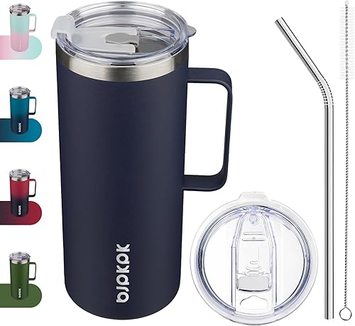 Miniatura 13 de BJPKPK Taza de café aislada con 2 tapas, vaso aislado de acero inoxidable de 25 onzas con asa, tazas de café de doble pared con aislamiento al