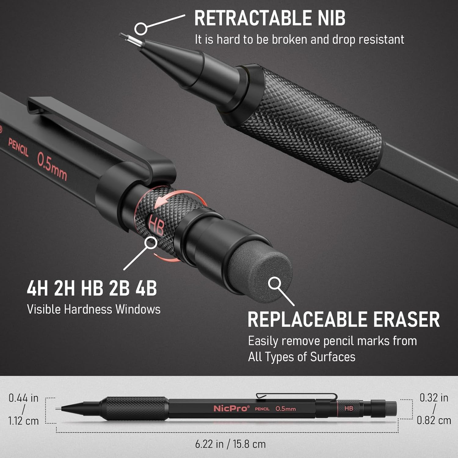Nicpro Metal Mechanical Pencil Set, 3PCS Art Drafting Pencil 0.5, 0.7, 0.9MM & 2PCS 2MM Mechanical Drawing Pencils with 126 Lead(4B 2B HB 2H 4H Color) Weatherproof Barrel for Writing Sketching Drawing