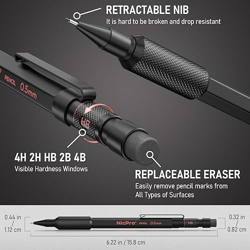 Miniatura 3 de Nicpro Juego de lápices mecánicos de metal, 3 lápices de dibujo artístico de 0.5, 0.7, 0.035 in y 2 lápices de dibujo mecánicos de 0.079 pulgadas y