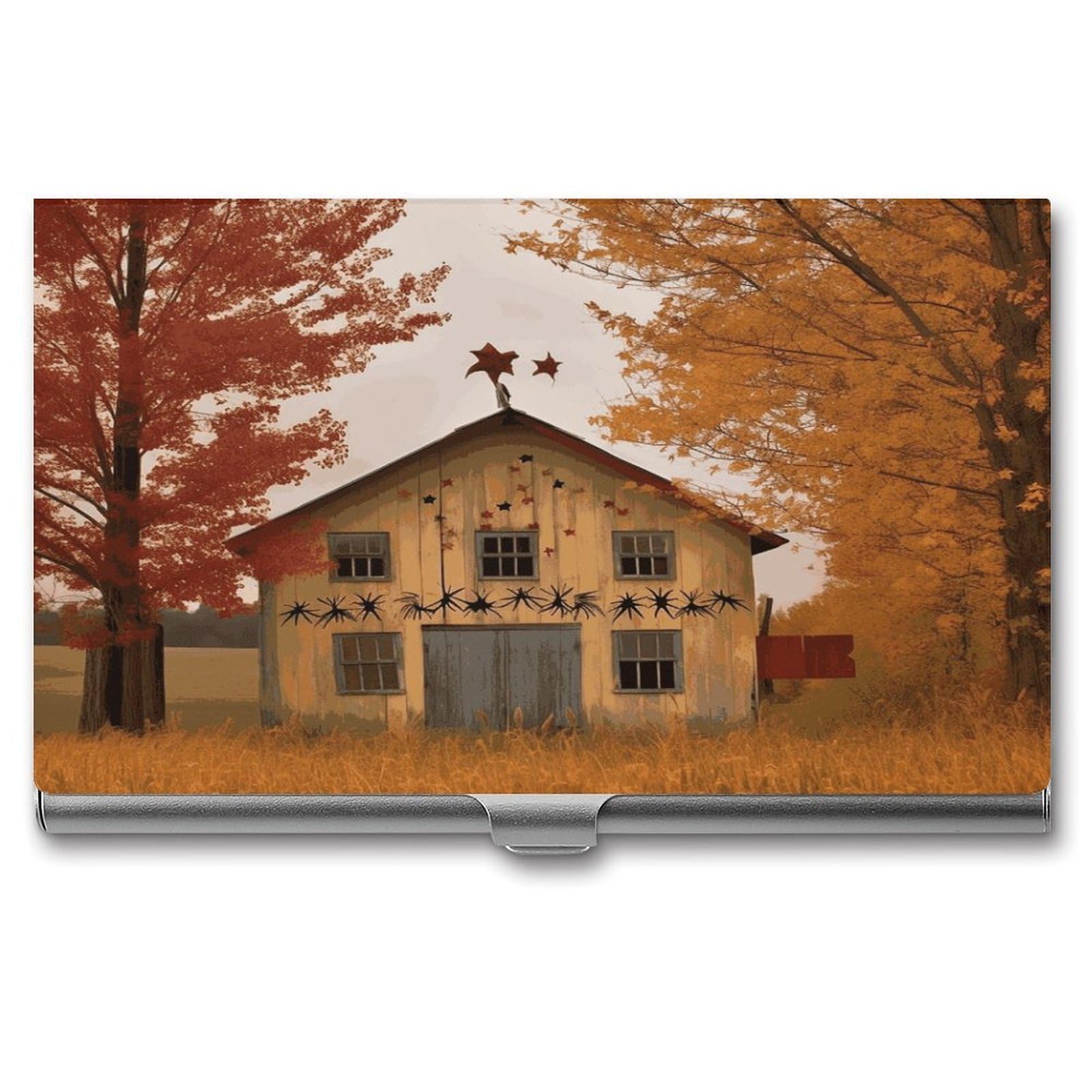 JTREHY Fall Country Barn Business Card Holder Slim Purse Name Card Holder Portable Metal Business Card Case Wallet Large Capacity Lightweight Business Card Case for Men Women