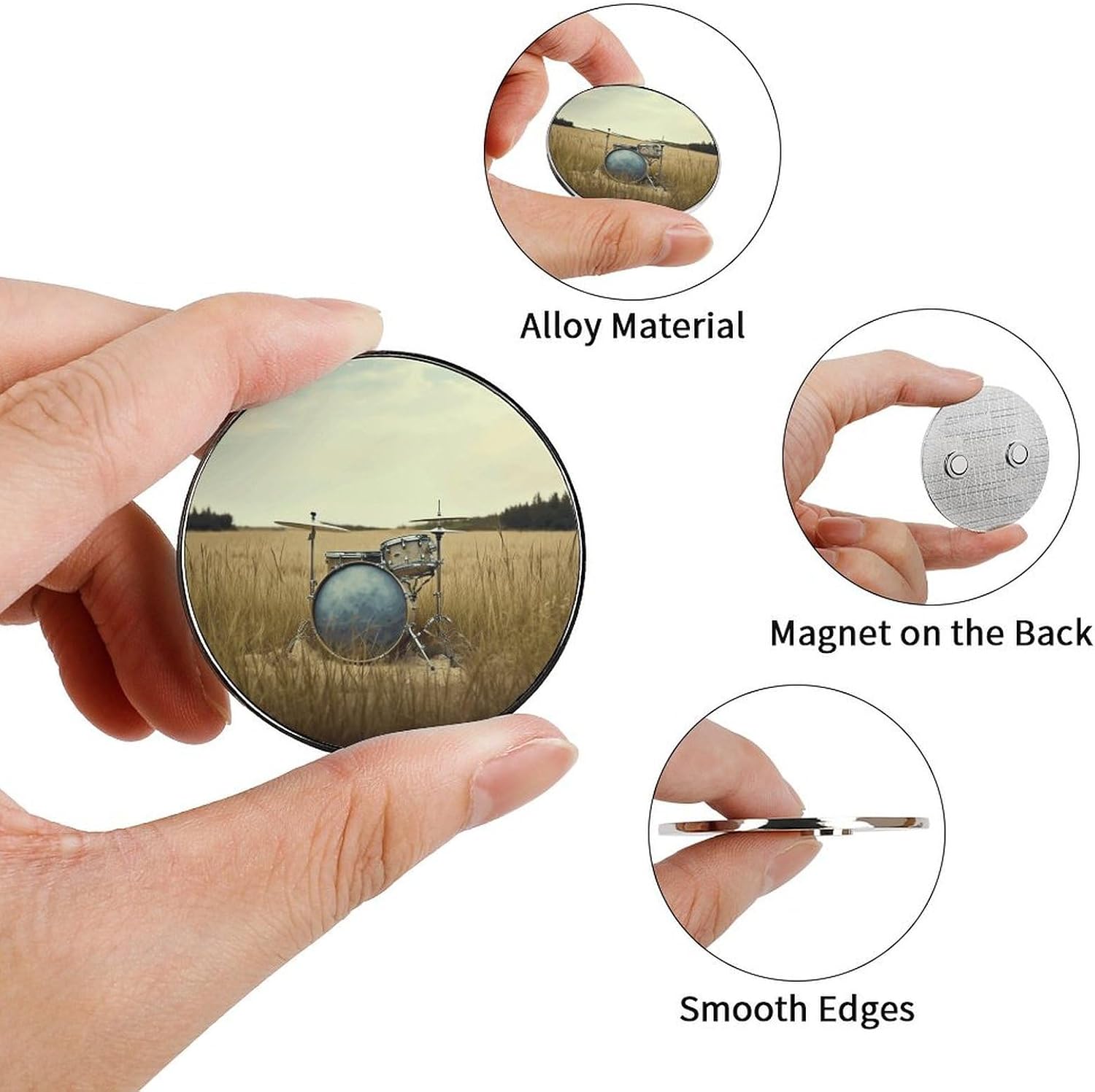 Music Drum in Field Round Alloy Fridge Magnets 2 Inch Decor Metal Refrigerator Magnet with Strong Flat Back Magnet Multipurpose Ornament Decor for Office Kitchen Home Decor Accessory image 3