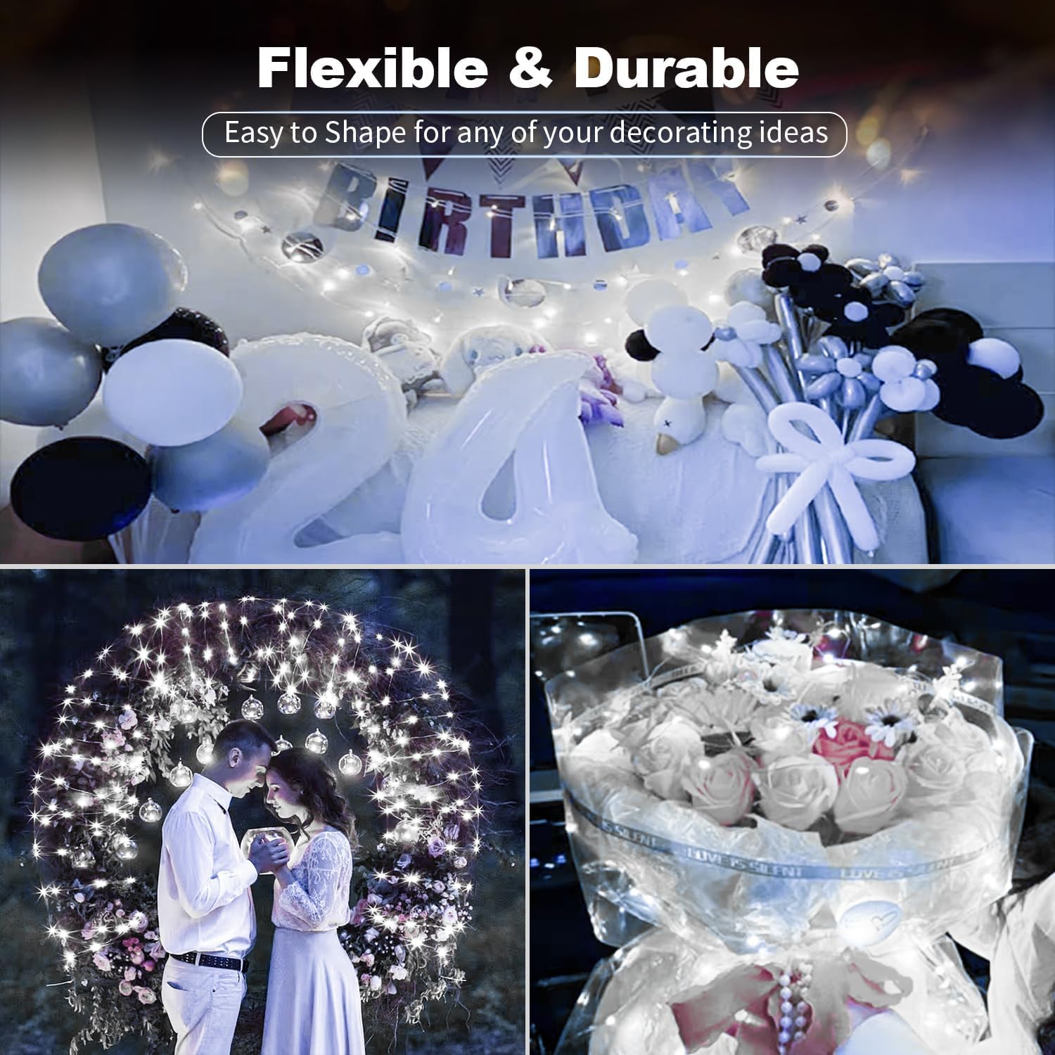 Confezione da 24 lucine a batteria, 20 LED, impermeabili, con filo argentato, ideali per matrimoni, Natale, feste, camera da letto, interni ed esterni (calde e bianche)