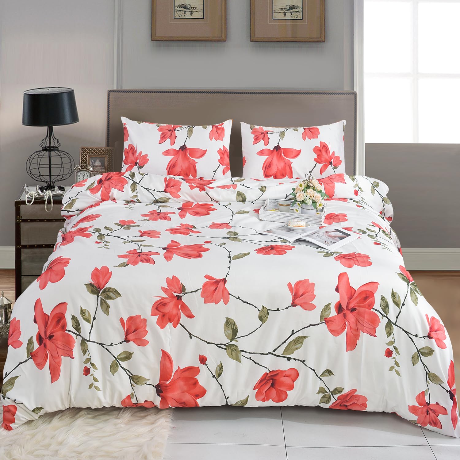 Hadi London 4 Piece Bedding Set Duvet Cover Fitted Sheet with Pillow Cases Soft Brushed Microfibre Printed Complete Bed Sets in Single Double and King Size (Spring Red, Super King) — image 1