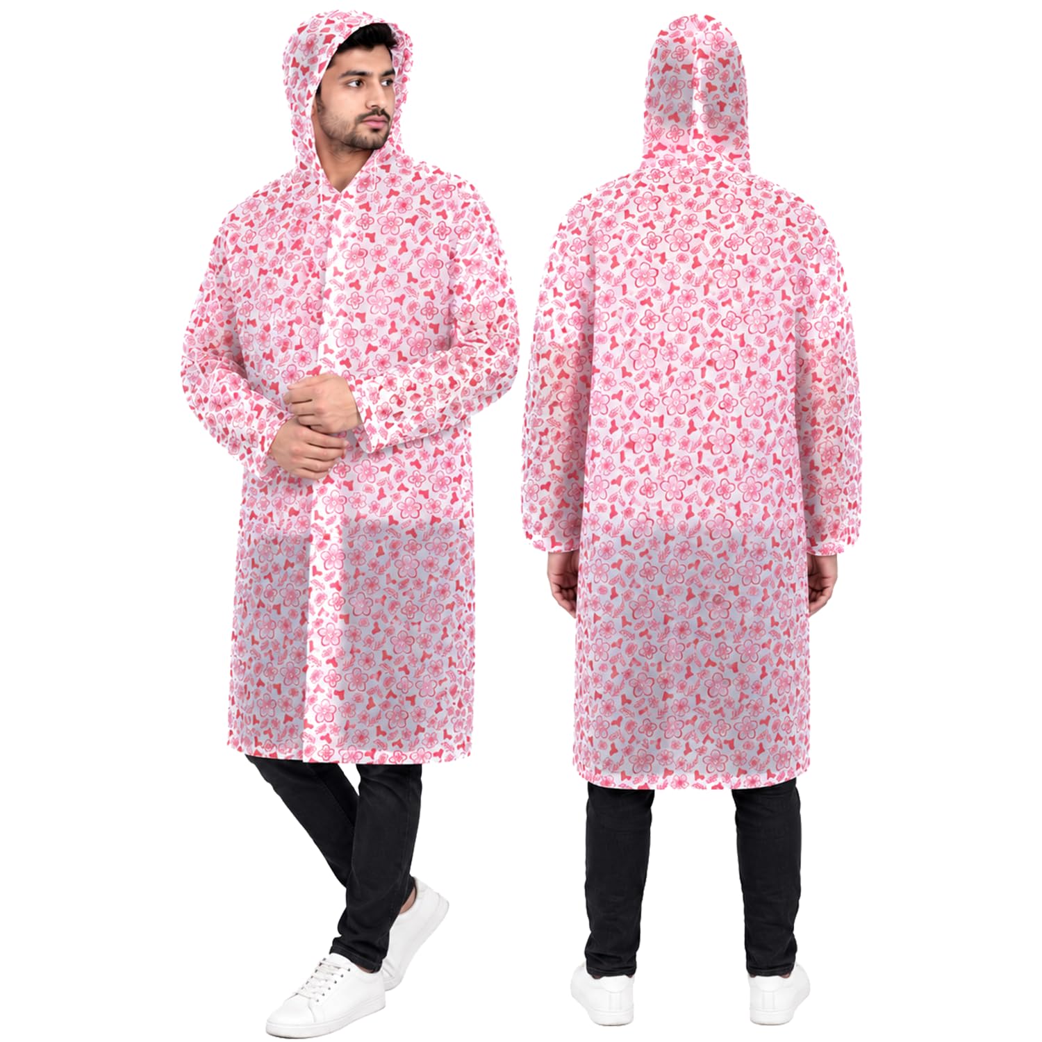 Hacer EVA Rain Poncho rain coat for Men & Women Lightweight Waterproof Raincoat with Hood Adjustable Drawstring & Snap Button Closure Reusable Outdoor Rainwear for Boys & Girls (Free Size-Red Printed)