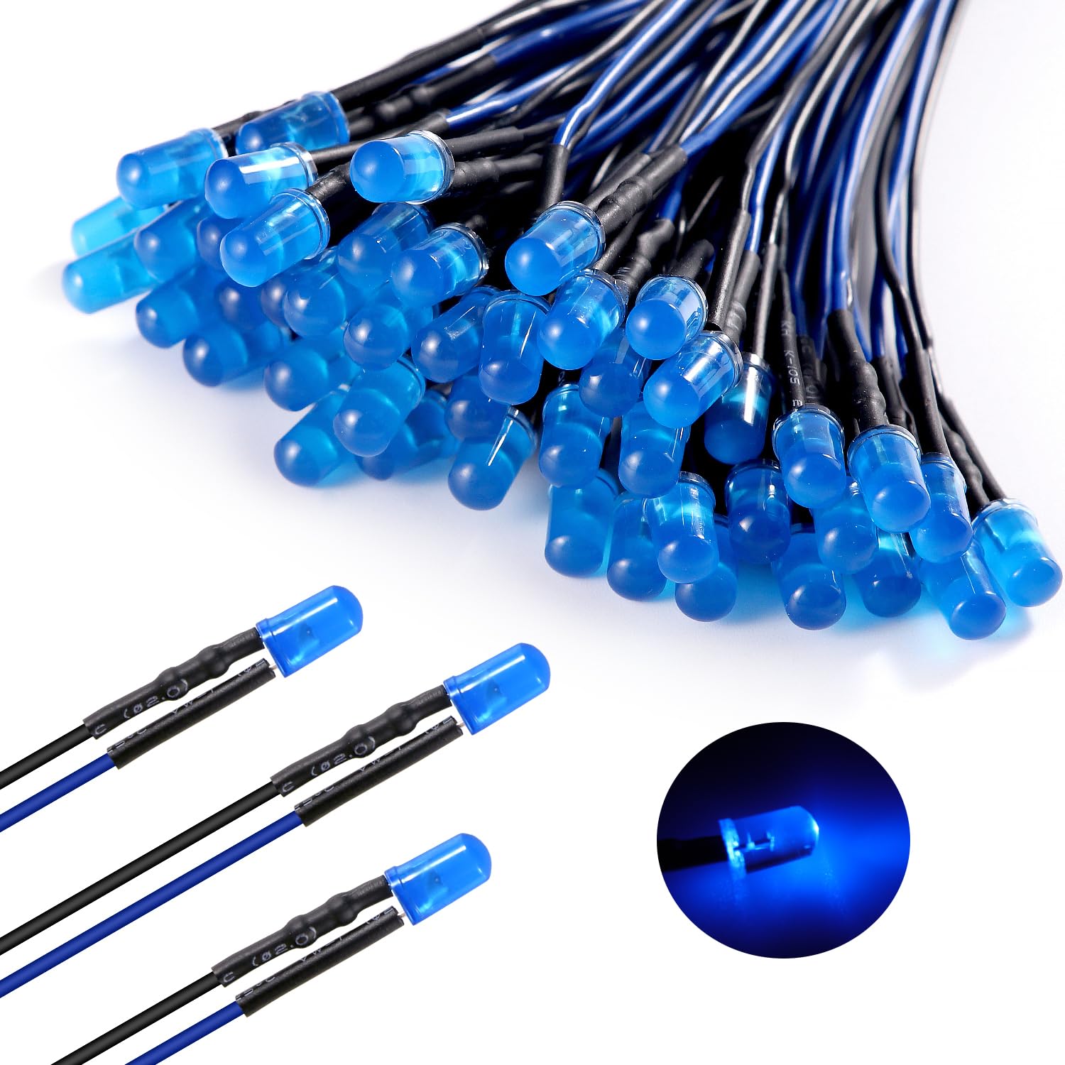 50 Pezzi 5mm 12V LED Diodo ad Emissione Luminosa Blu Precablata 20cm Diffuse + Supporto Plastica