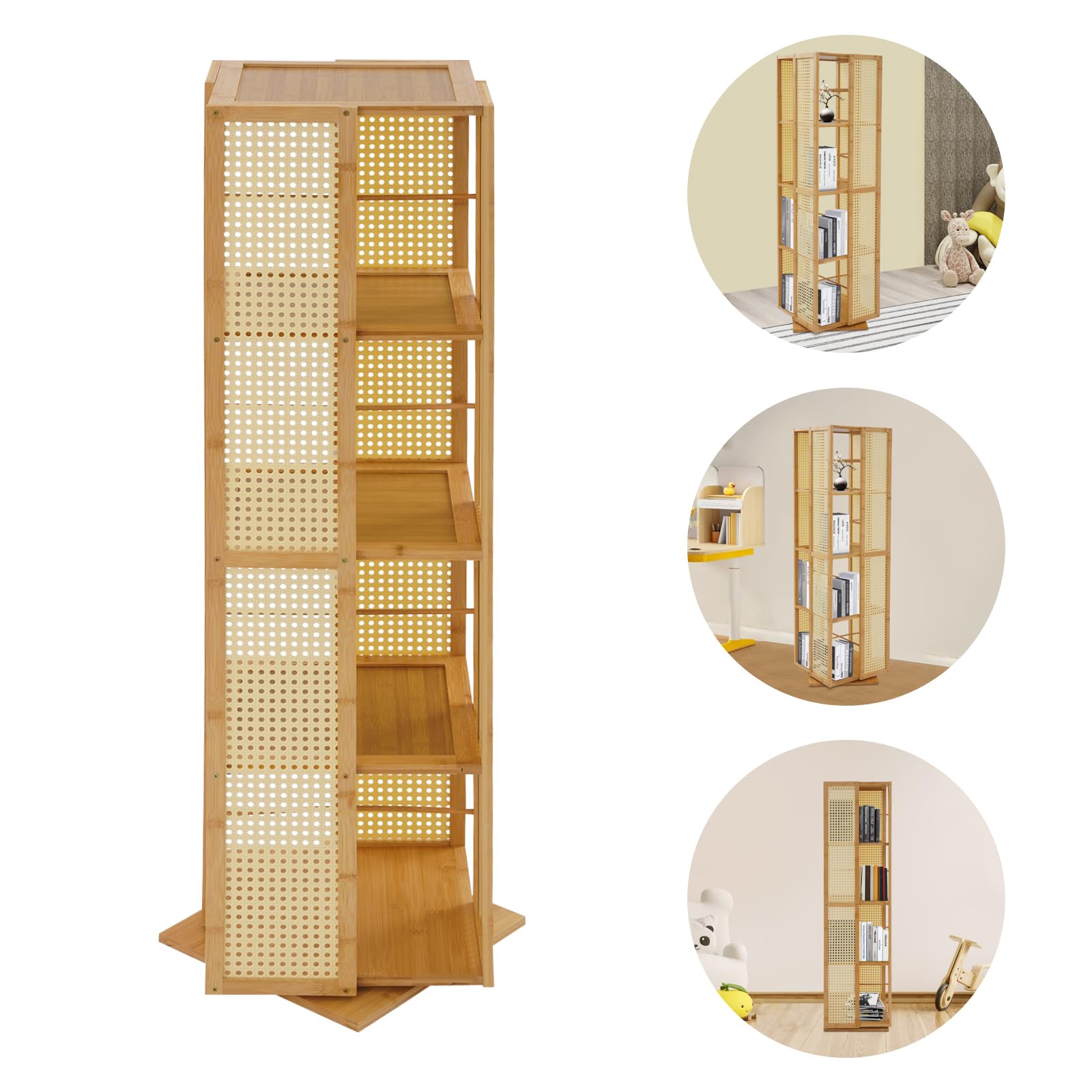 Drehbarer Bücherregal, Bücherturm mit 4 Ebenen, 360° drehbares Standregal aus Bambus, schmales Bücher-Aufbewahrungsmöbel für Wohnzimmer, Büro (Holzfarbe)