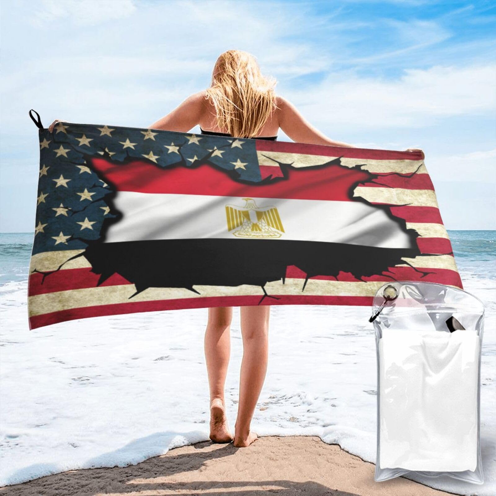 HACXZ Vintage America Flag and Egypt Egyptian Flag Absorbent Beach Towel Microfiber Beach Towel Lightweight 27.5"X55"