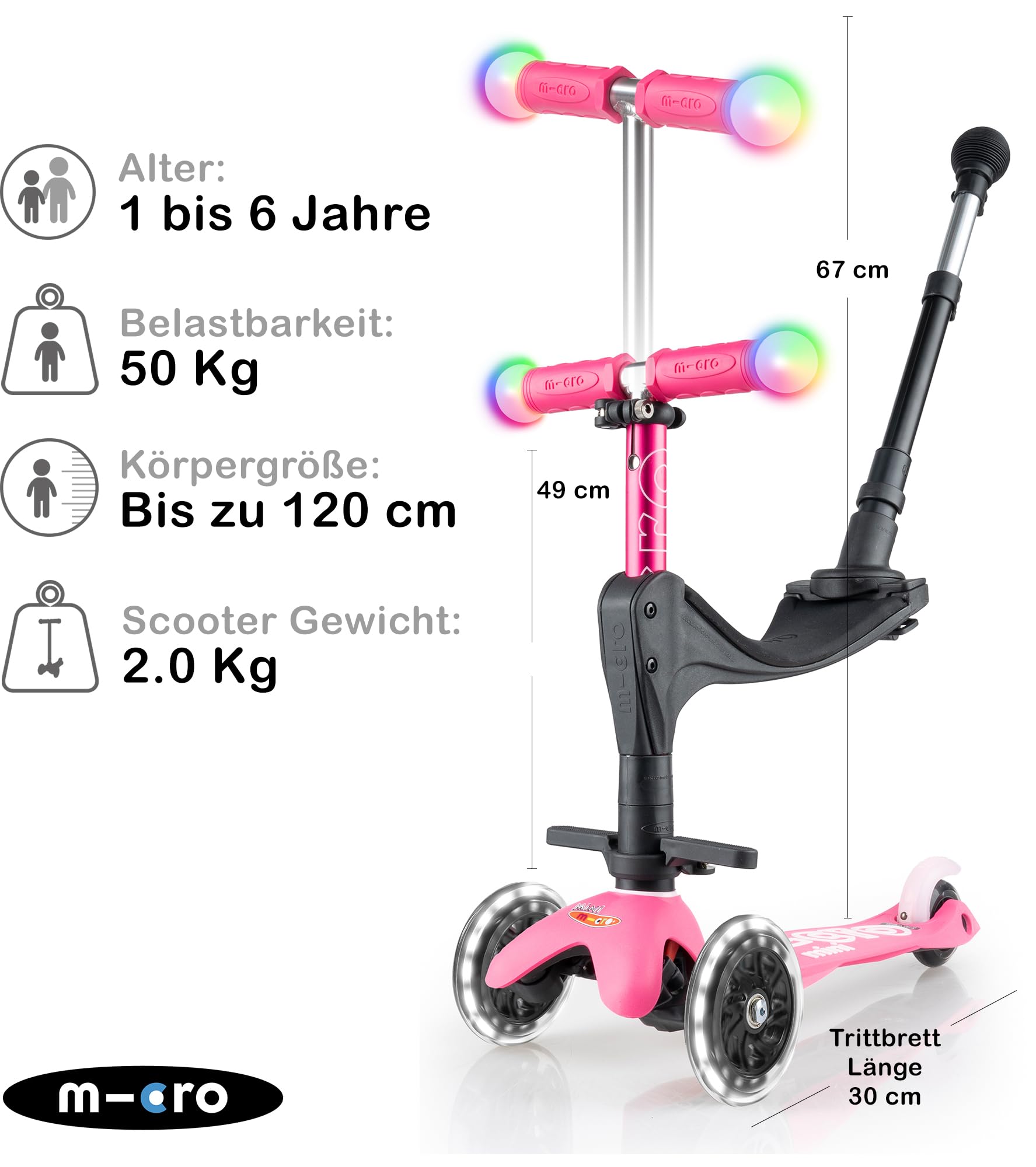 micro™ Mini micro Deluxe Magic 3in1 | Höhenverstellbar & Mitwachsend | Das ORIGINAL | Kinderroller ab 1 Jahr | Inklusive LED Rollen, Griff & Sitz | Jungs & Mädchen 1-6 Jahre