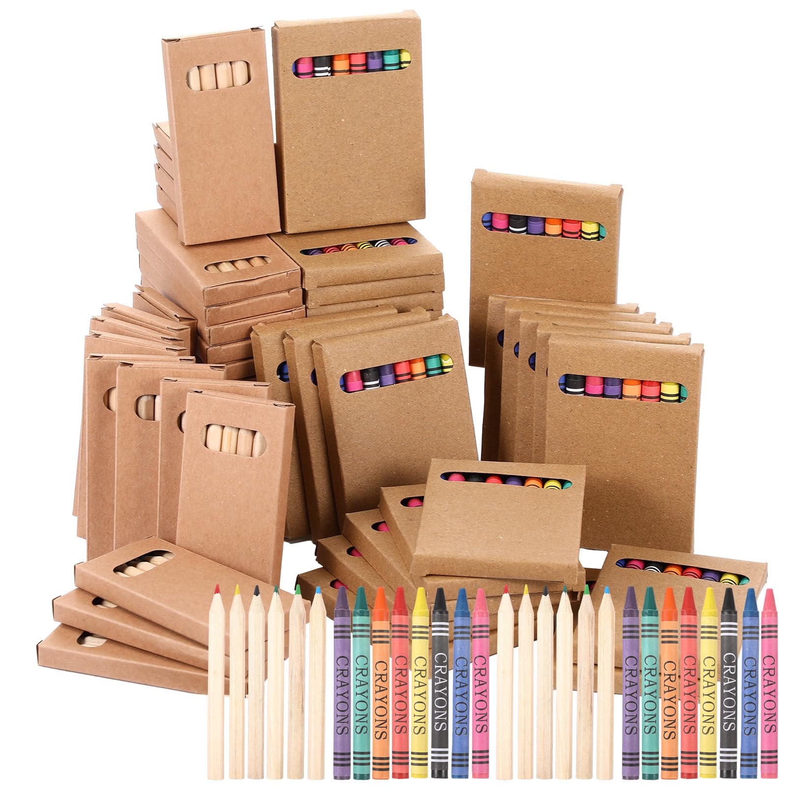 Dunzoom 60 Packs Crayons Colored Pencils Bulk Bundle Pencil Crayon Set 3.5 Inch Mini 6 Color Pencils 8 Color Crayons Mini Boxes in Kraft Box for Kids