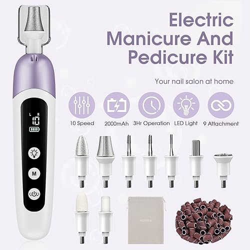 Miniatura 2 de Kit profesional de manicura y pedicura con modos de memoria, juego de lima de uñas eléctrica inalámbrica de 10 velocidades, máquina de taladro de