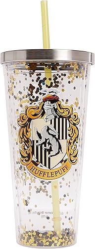 Miniatura 3 de Spoontiques Harry Potter - Vaso con brillantina, pajilla y diseño de Hufflepuff, 20 onzas, acrílico, color amarillo