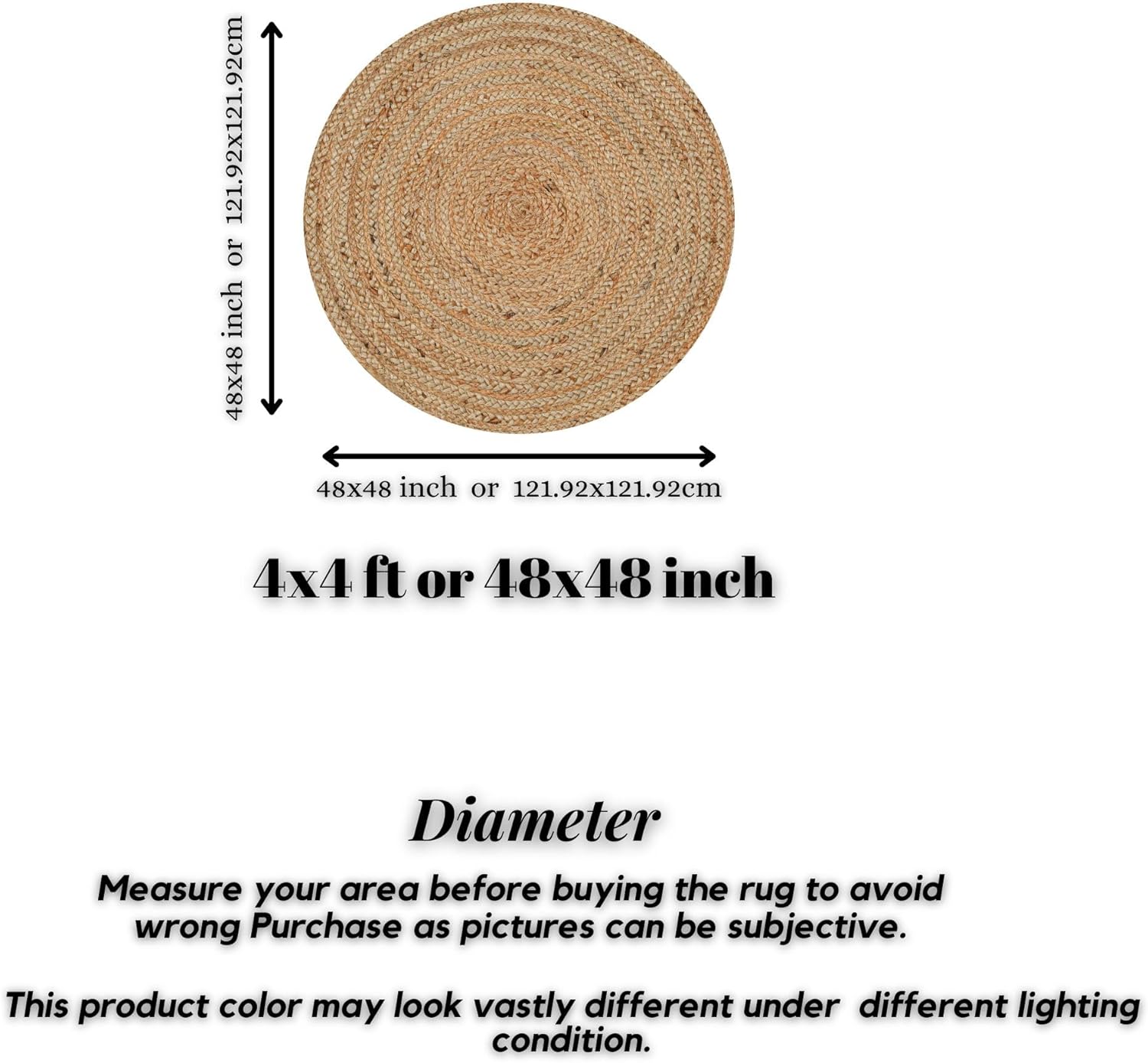 Hand Woven Jute Area Rug - 4' Round - Rustic Beige Reversible Farmhouse Rugs for Living Room, Bedroom, Kitchen - Vintage Natural Braided Entry Floor Décor Circle Boho Round Rug 4ft