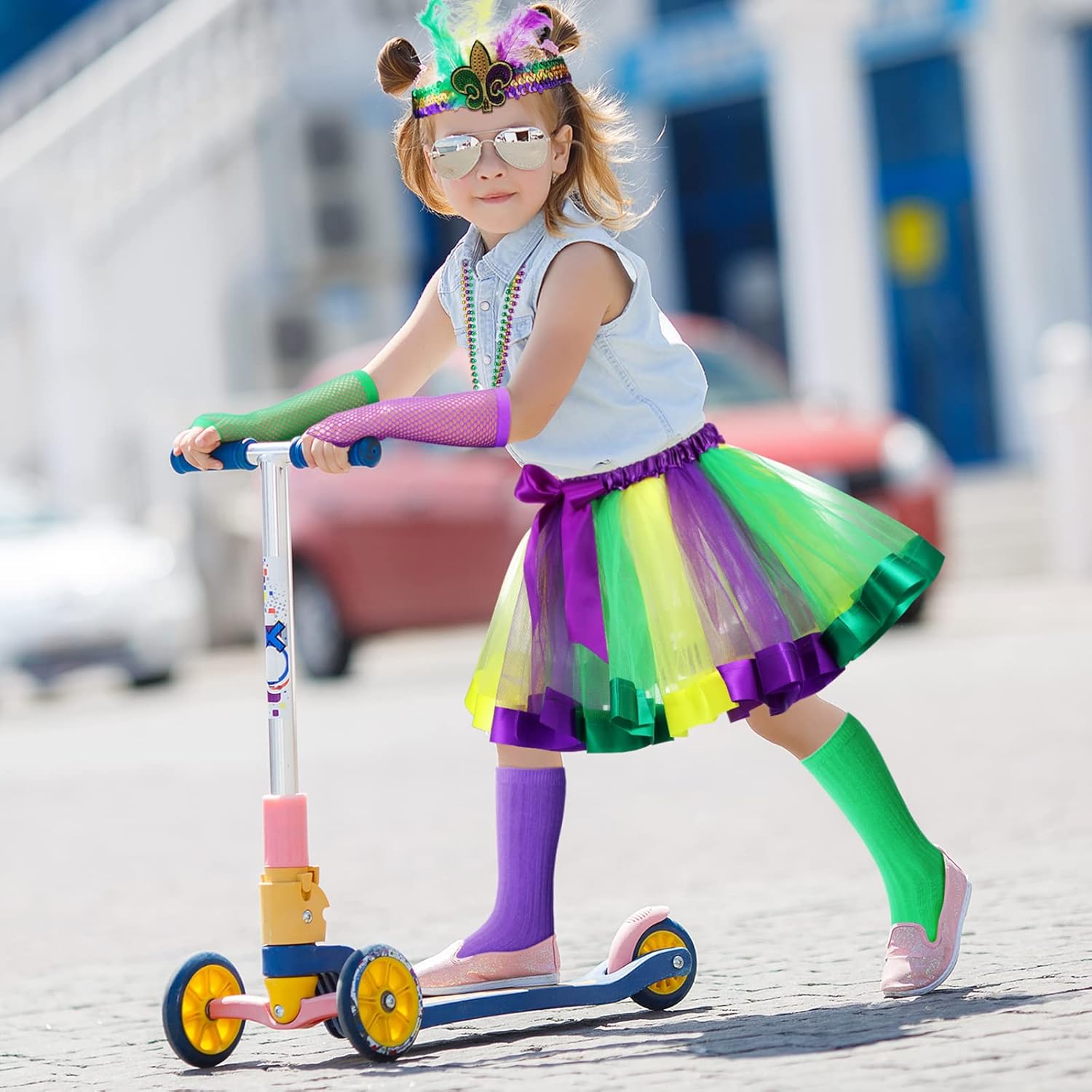 7 Pack Mardi Gras Costume for Kids - Outfit Accessories Set With Tutu Skirt, Beads, Feather Headband, Fishnet Gloves, Long Stockings - Girls Birthday Party Fancy Dress - Image 5