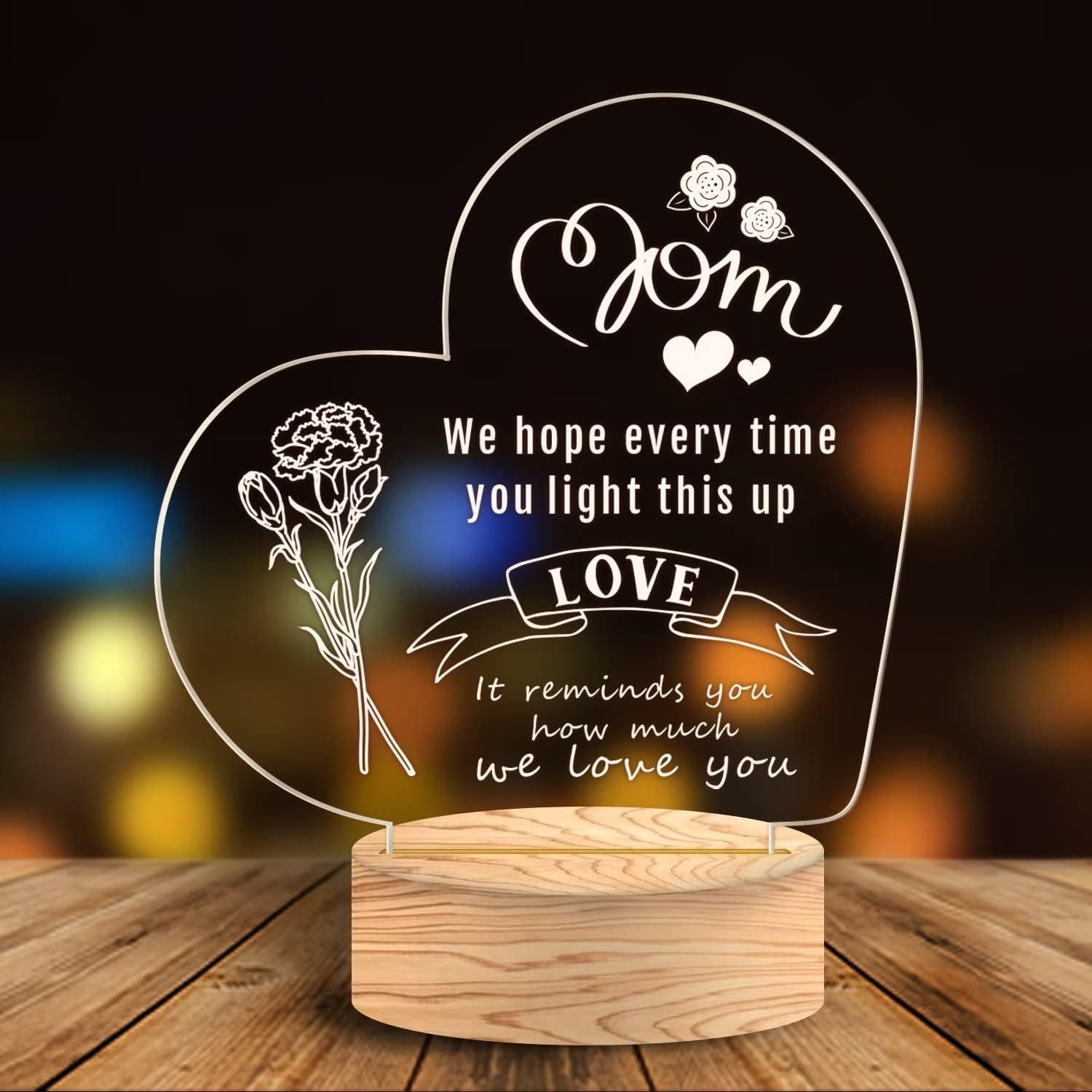 Night Light for Mom Birthday Gift from Daughter Son, Engraved Acrylic LED Night Lamp for Mother's Day, 3D Illusion Light for Mom on Christmas Thanksgiving