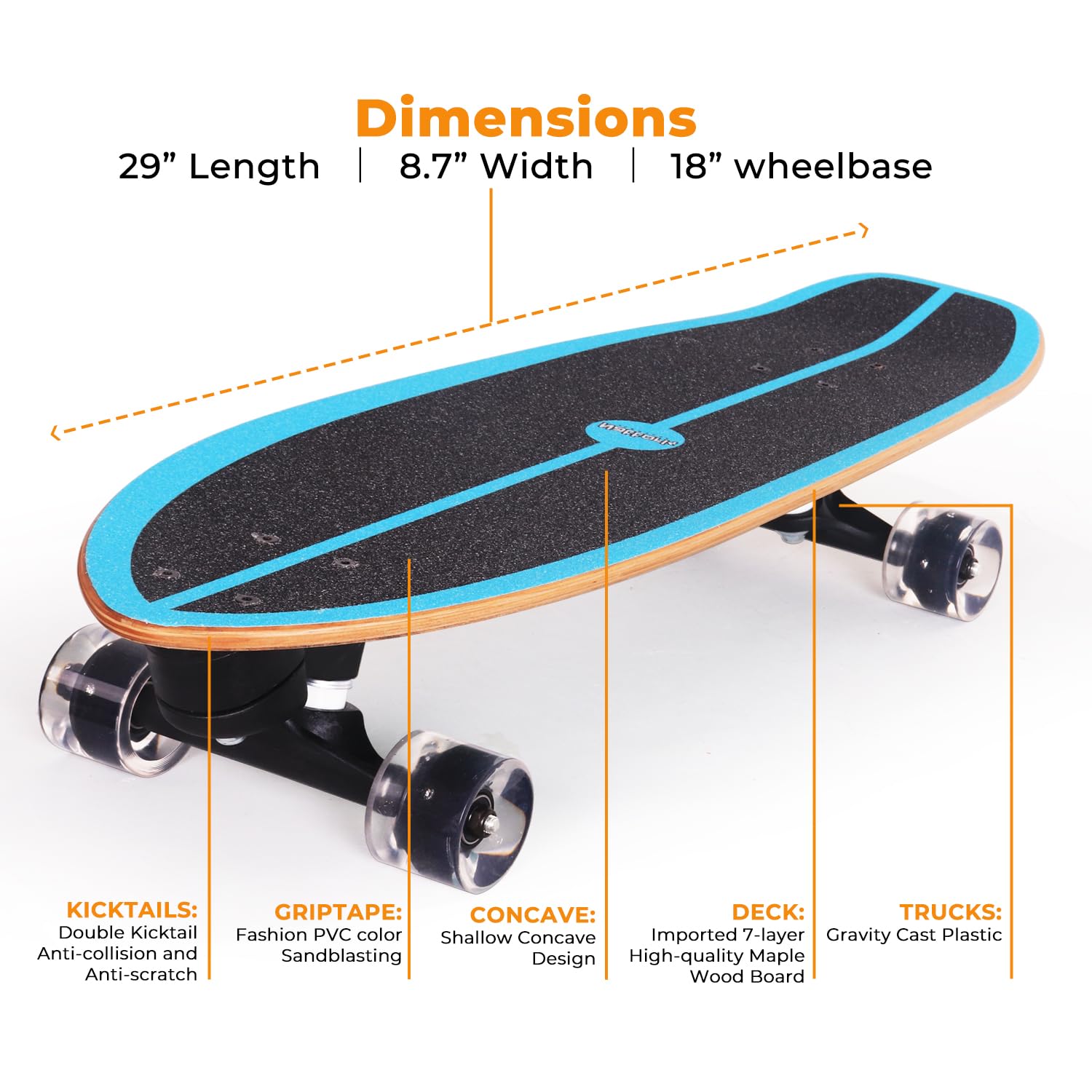 Nattork Complete Skateboards 29" x 8" Kids Skateboard Cruiser Skateboards for Beginners Double Kick Girls Skateboard with Maple Wood (Black Hole)