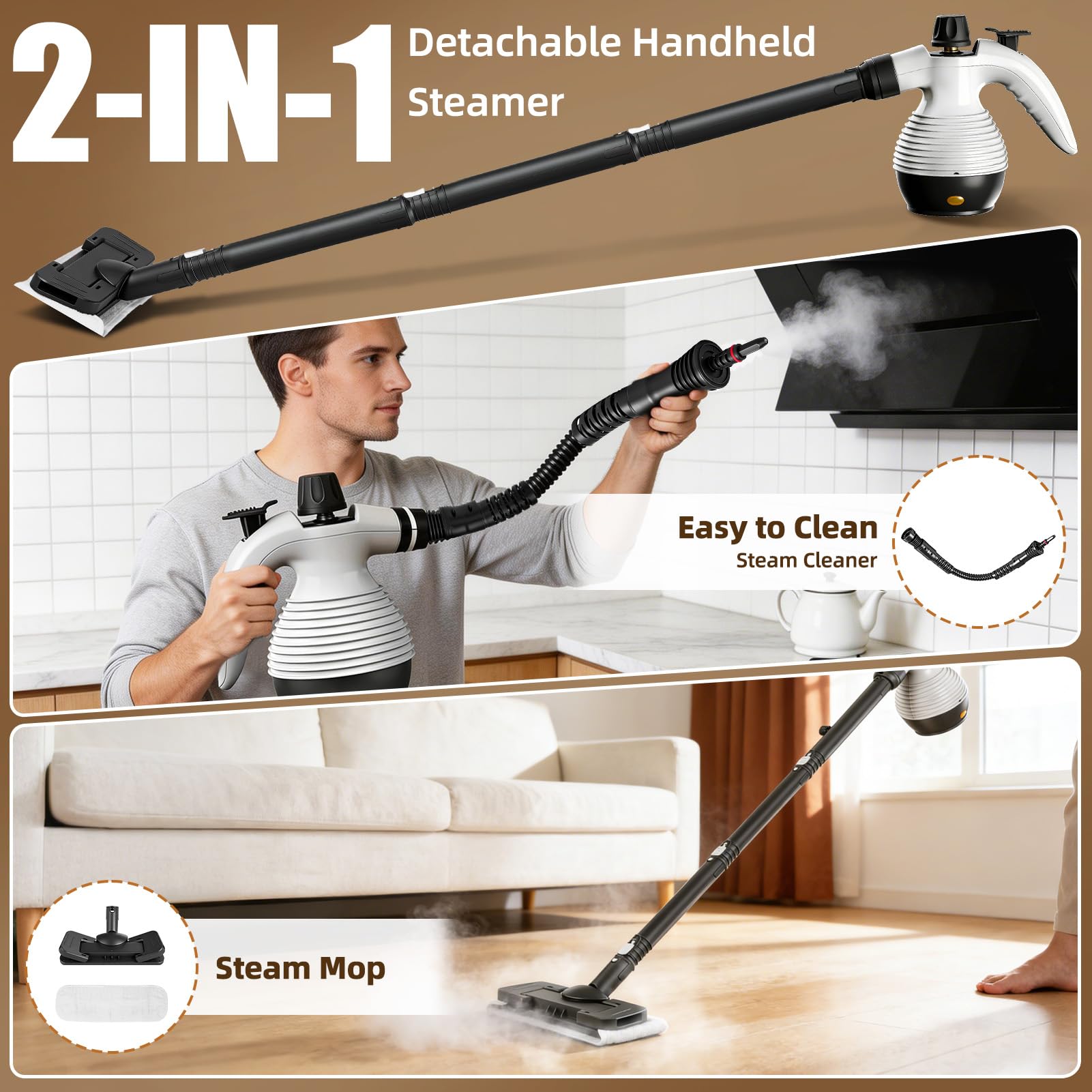 2 in 1 Pulitore a Vapore Portatile/Scopa a Vapore, 1050W Steam Cleaner 135°C Riscaldamento Rapido con 350ml Serbatoio, per Varie Superfici Come Piastrelle Divani e Cucine
