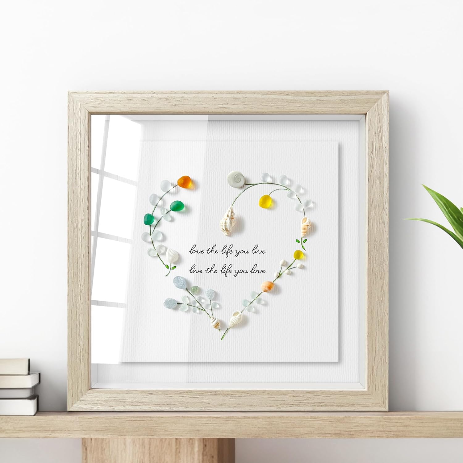 Seahorizon heart-shaped. Handmade Sea Glass Art Wall Decor, 8 x 8 Inch Wood Framed Wall Art, Made of Sea Glass, Shells, and Pebbles