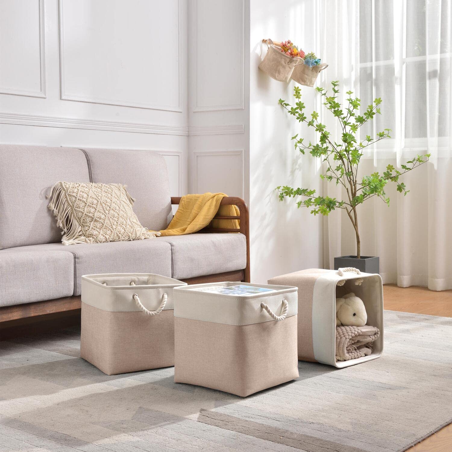 33x38x33 Aufbewahrungsbox, Aufbewahrungskorb Stoff für Schrank Regal und Kleidung,Waschbar(Helles Khaki/Weiß, 6 Pack)