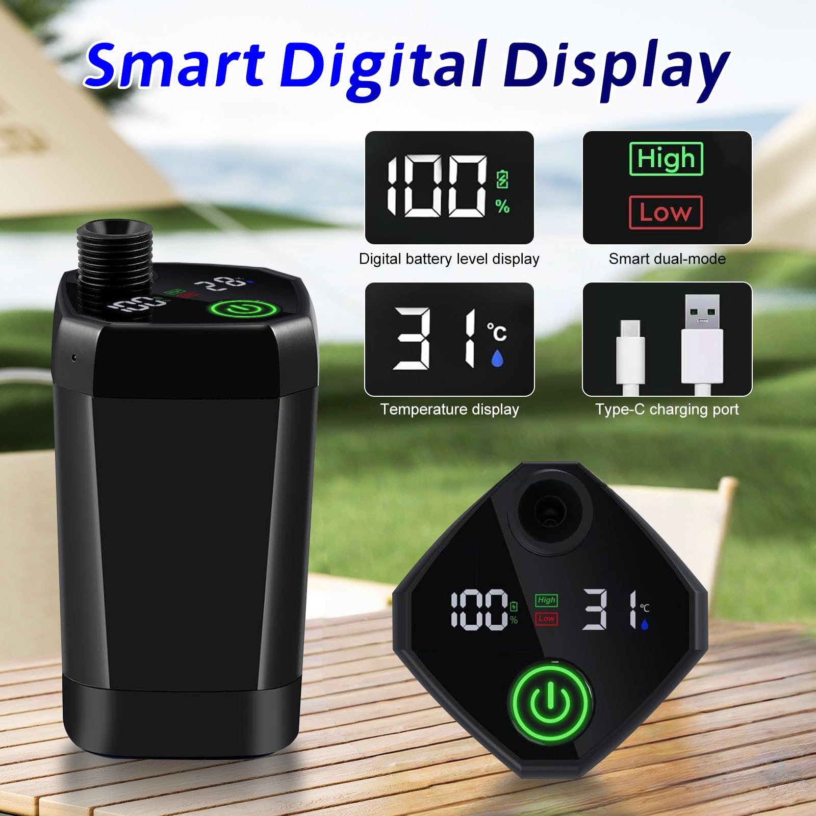Doccia da Campeggio Portatile con Display LED – Pompa, Soffione, Impermeabilità IPX7 per Esterno, Giardino, Spiaggia, Auto, Animali