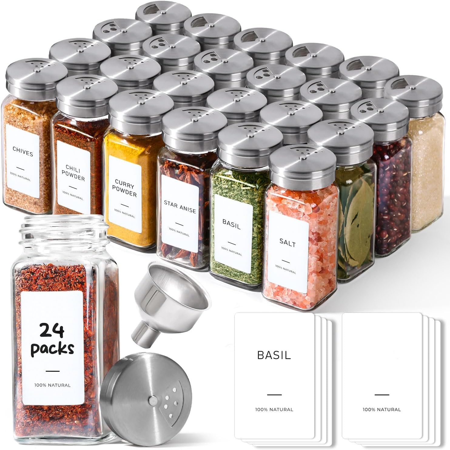 ComSaf Spice Jars with Shaker lids Adjustable, 4oz 24PCS，45 Labels, Comdiment Jars Set, Empty Spice Containers and Square Ingredient Bottles for Kitchen and Seasoning, Bulk Salt and Pepper Shaker Set