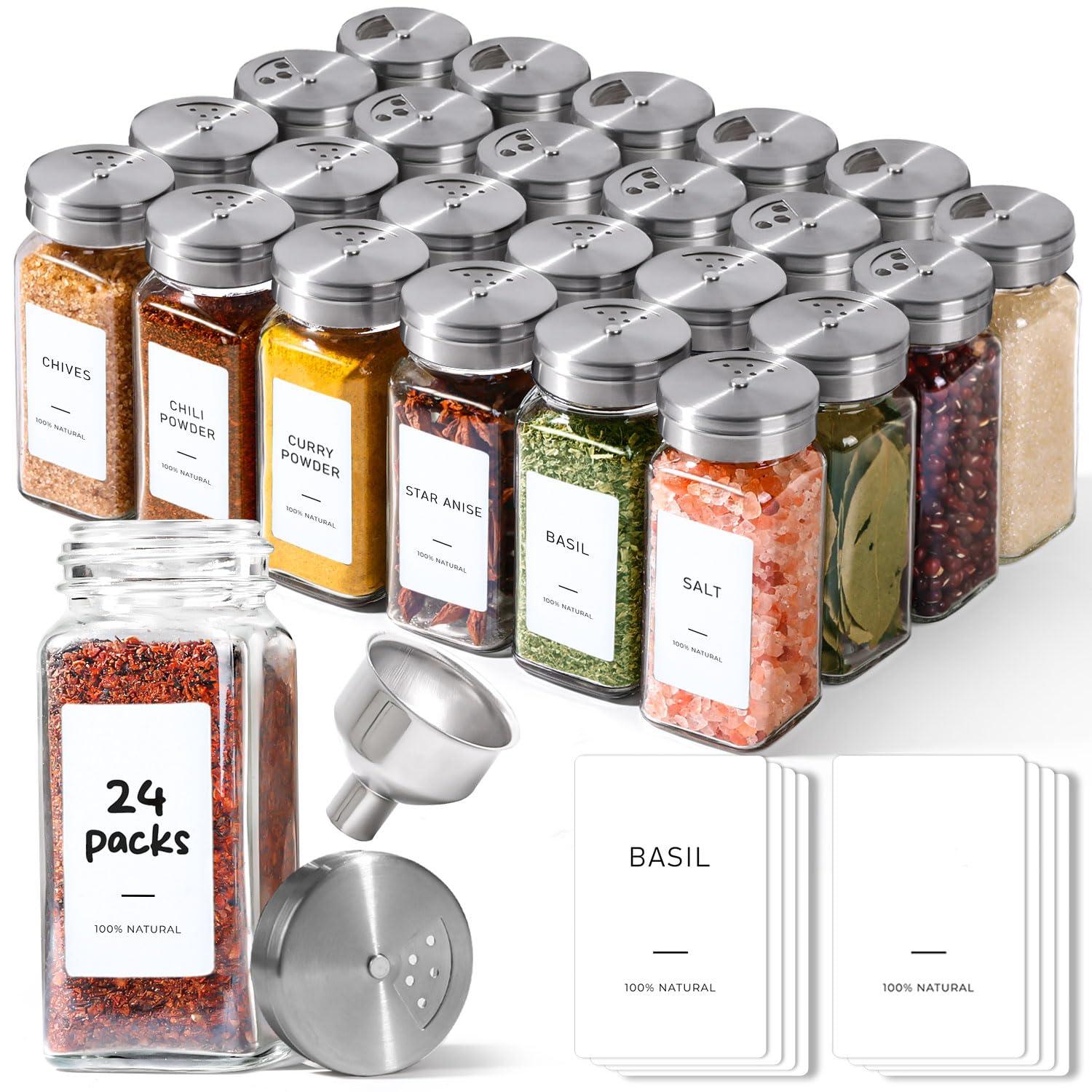 ComSaf Spice Jars with Lids & Labels 24 Pack, 120ml Square Small Glass Spice Containers with Adjustable Stainless Steel Shaker Tops & Funnel, Herb Jars Seasoning Jars for Rack, Drawer, Organiser