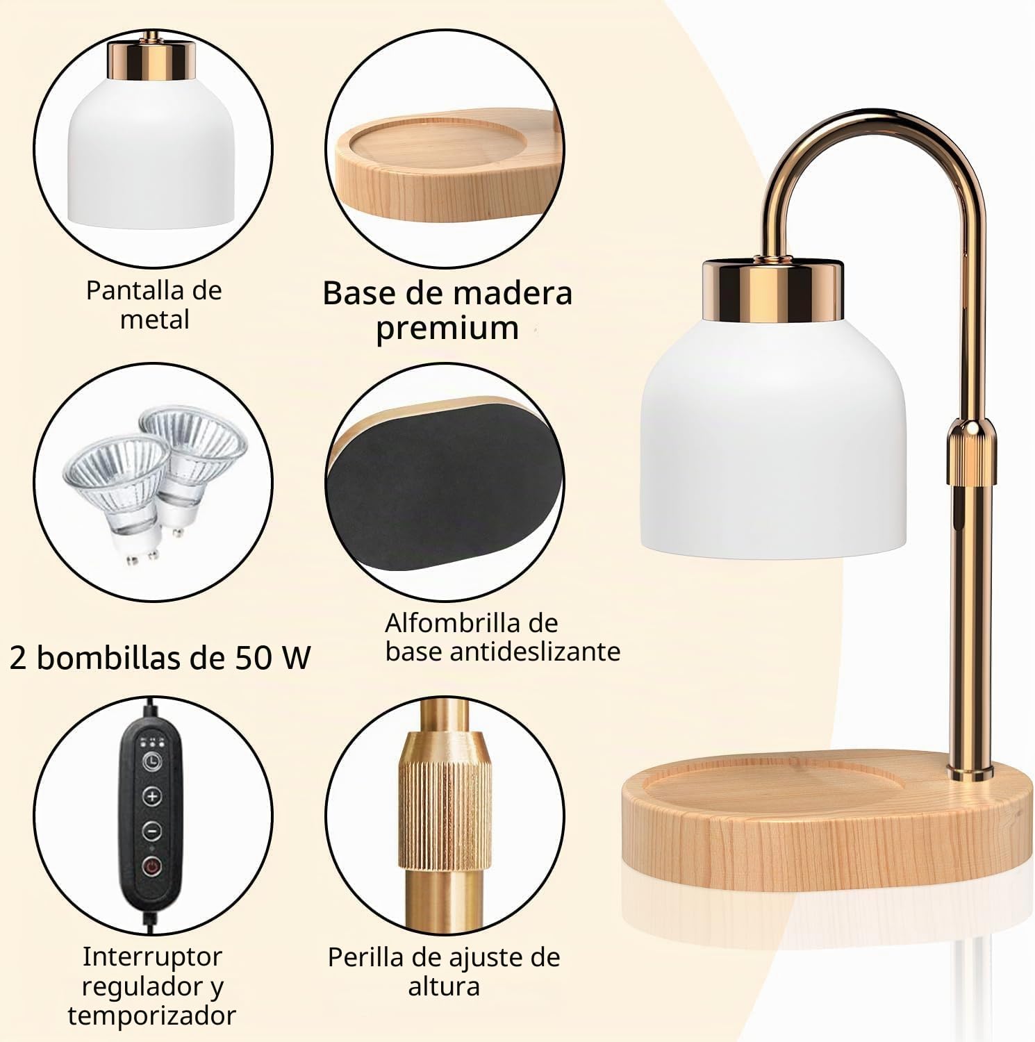 Loowoko Lámpara Calentadora de Velas con Temporizador y 4 Niveles de Luz, Calentador Eléctrico para Velas en Tarro, Decoración Hogar, Incluye 2 Bombillas