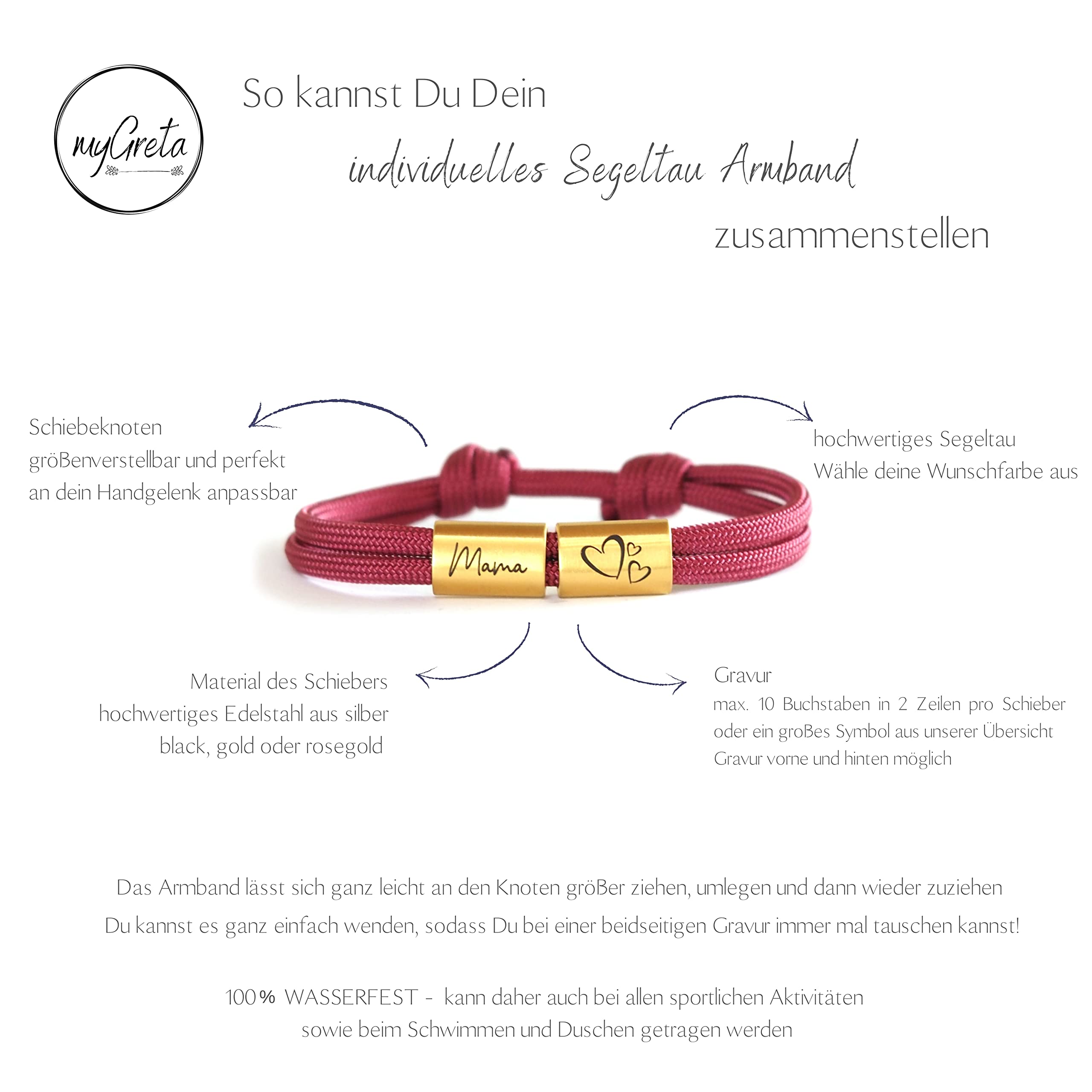 Mama Armband, personalisiertes Segeltau Armband mit Gravur, Wunschgravur, Surferarmband, Armband mit Gravur, Muttertag, Herz, Edelstahl, wasserfest