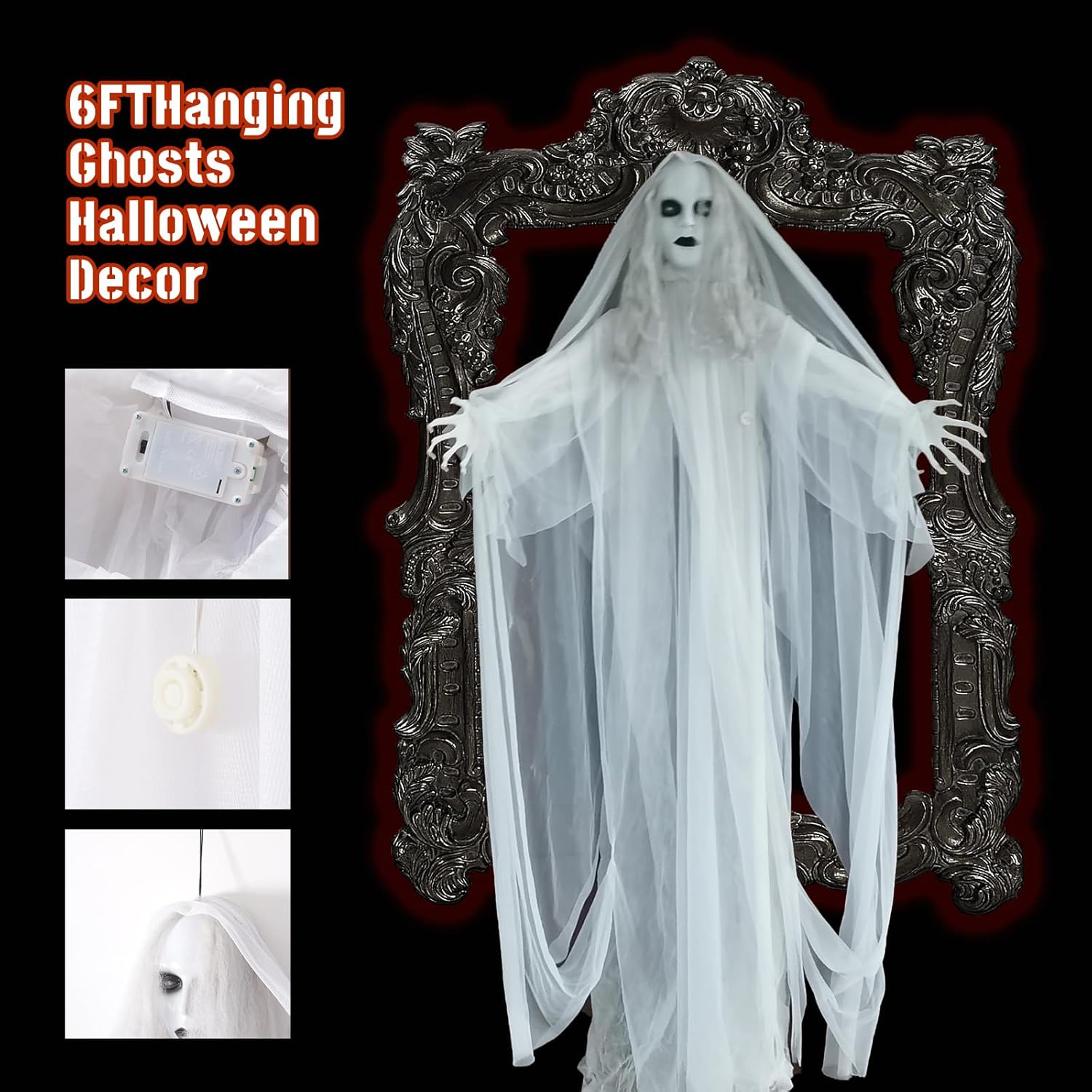 Halloween Hanging Ghosts 6Ft with LED Light,Light Hanging Ghost Indoor Outdoor Ornaments, Spooky Lawn Yard Tree Decorations, Lighted Ghost Party Supplies（Without Battery）