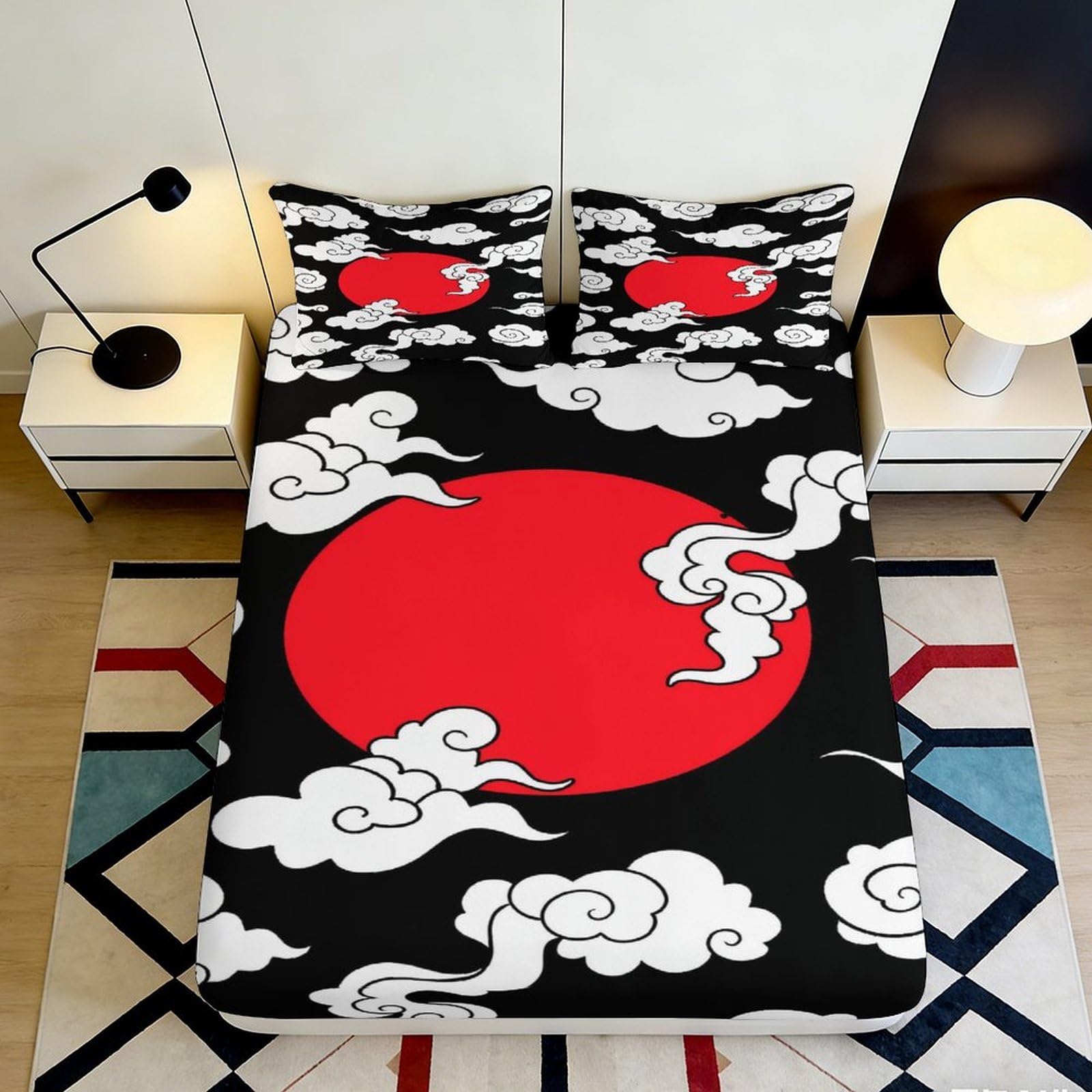 Uynsixtme Style-2 3D Printed Sunset Clouds Fitted Sheet Microfiber Deep Pocket Bedroom Bedding Set Japanese Style Mattress Fitted Cover Non-Slip Washable 200X200x25cm