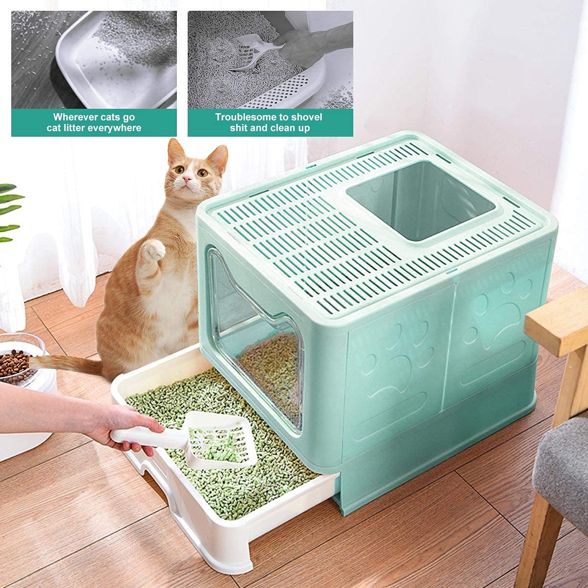 MelkTemn Foldable Cat Litter Tray with Lid Top Entry Litter Box Pet