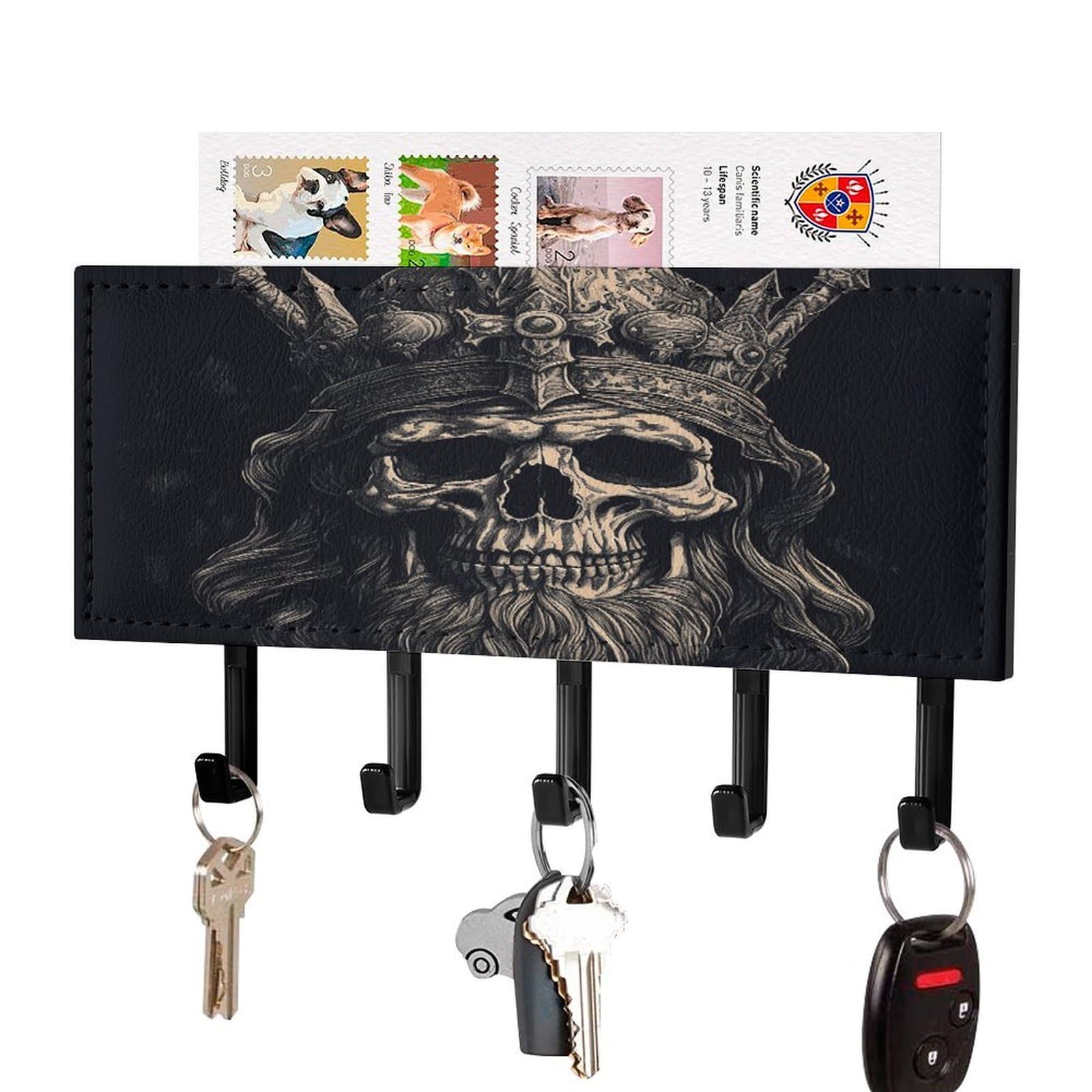 Fekiloot Black-Style Skull And Ax Key Holder Wall Mount Key Hanger With 5 Hooks Decorative Key Rack Hanging Key Hooks With Mail Organizer Key Holder For Wall Living Room Kitchen Bathroom Hallway Black