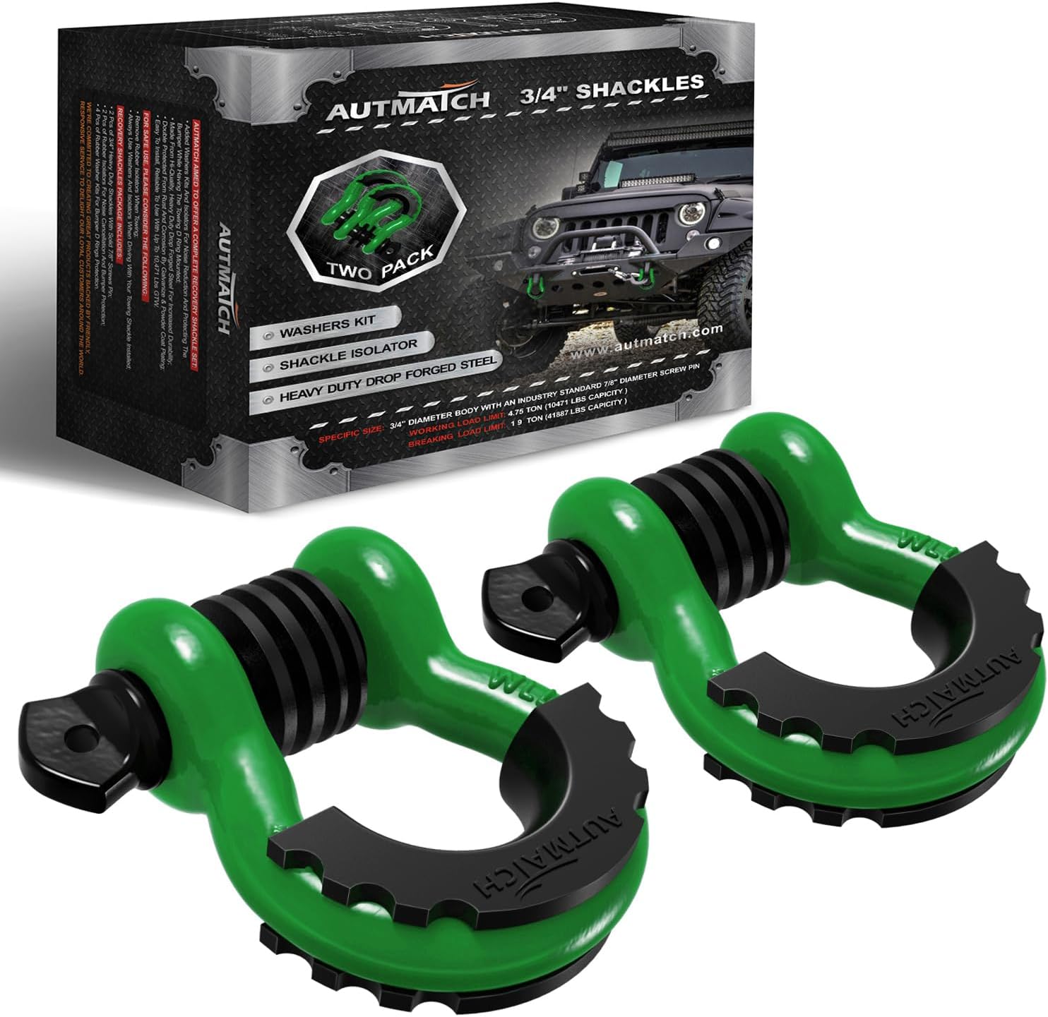 AUTMATCH 3/4" D Ring Shackles (2 Pack) 41,887Ibs Break Strength with 7/8" Screw Pin and Shackle Isolator Washers Kit for Tow Strap Winch Off Road Vehicle Recovery Dark Green & Black