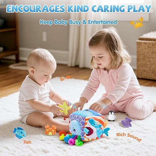 Miniatura 6 de Montessori - Juguetes para bebés de 6 a 12 meses, caja suave misteriosa con 5 animales marinos de felpa, sonajero, arruga y espejo, divertidos