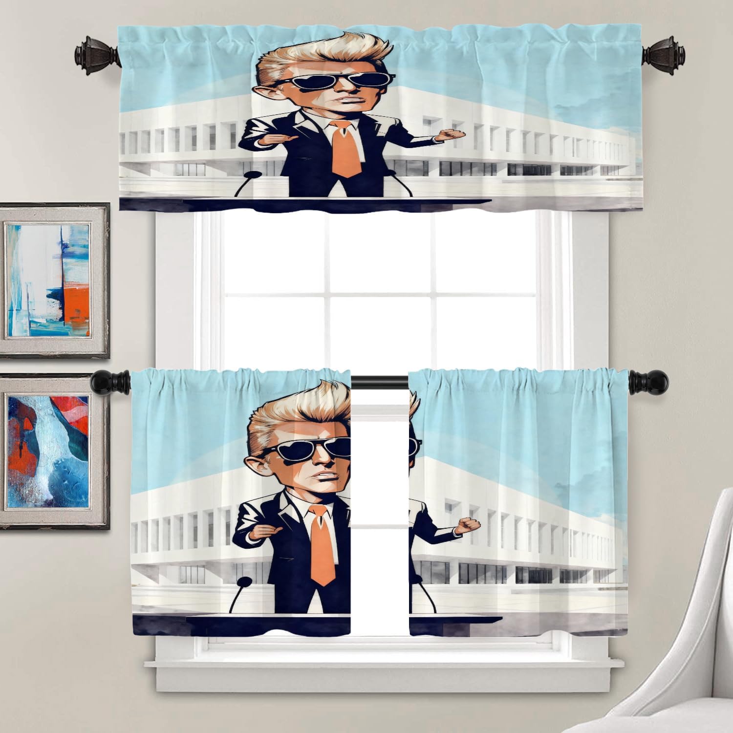 Batmerry American Election Men Tier Curtains, The White House Trees Yellow Hair Window Treatment Short Kitchen Curtain Multilayer Polyester Blackout for Living Room/Bathroom, 2 Pack 26x24 inches