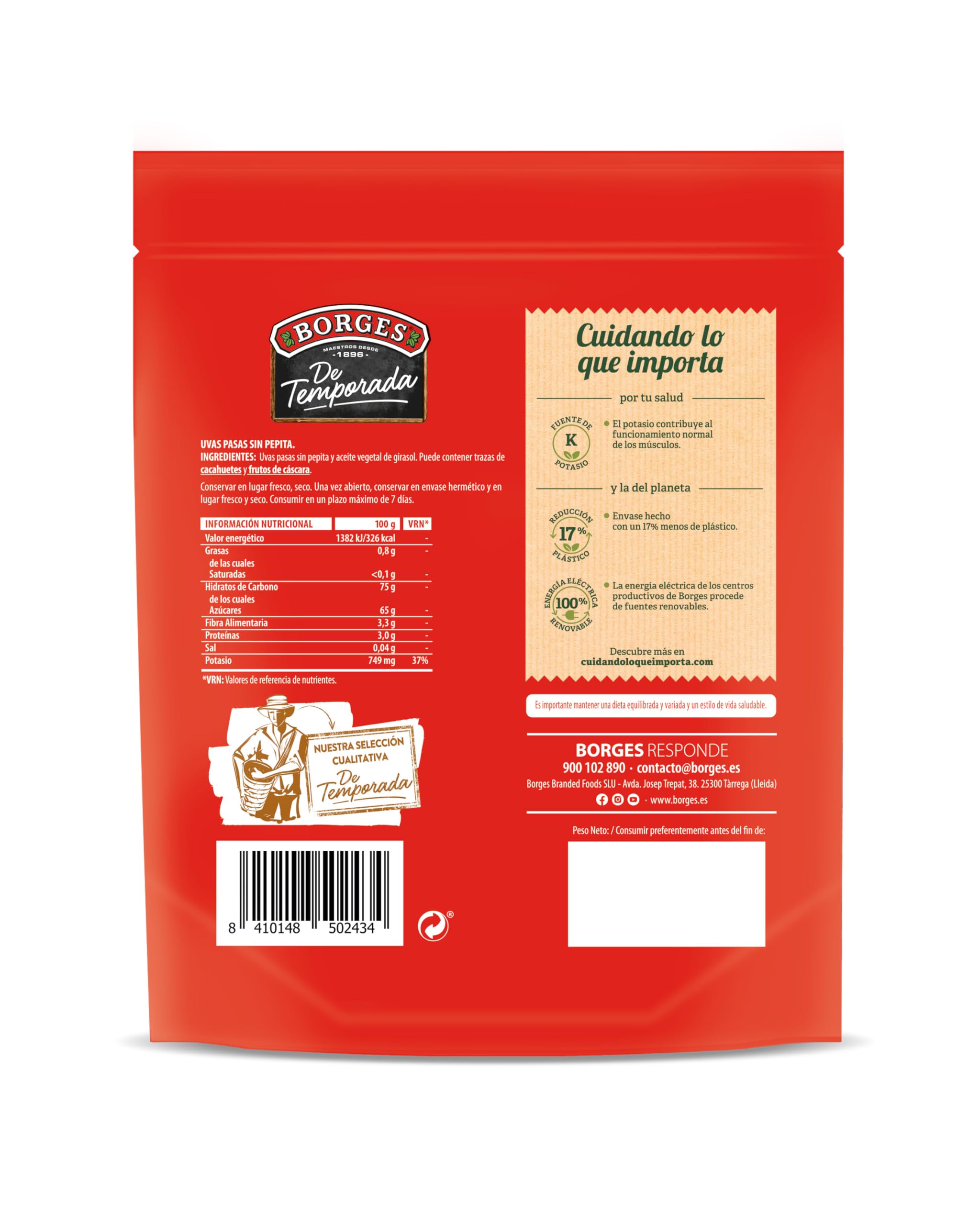 Borges Pasas Sin Pepitas 250g Alto en Vitaminas A y B3 Potasio Magnesio Calcio Vegano