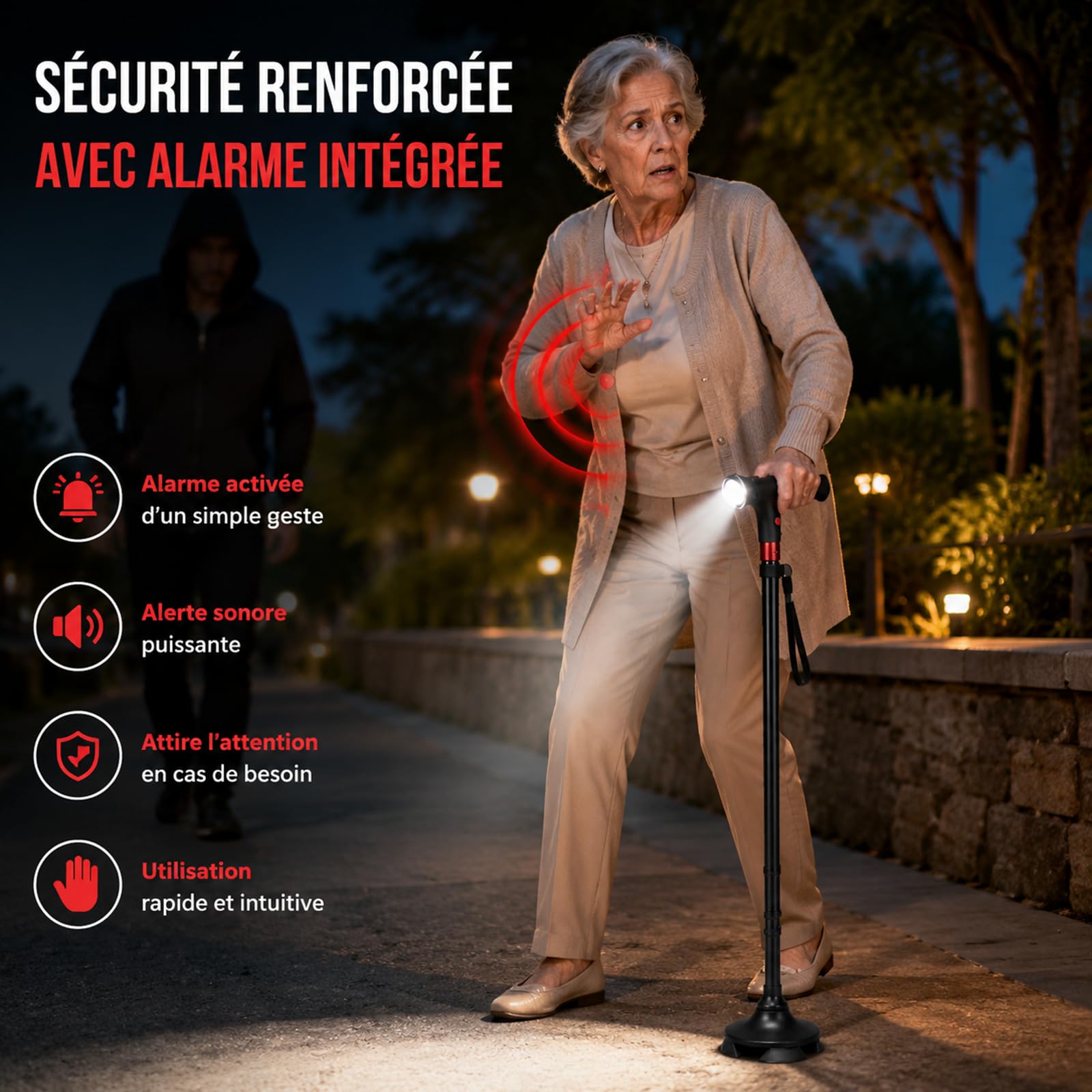 Astuvita Canne de Soutien avec Éclairage LED et Alarme de Sécurité - Canne de Marche Ergonomique et Lumineuse - Poignée Astuvita Confort - Aide à la Mobilité pour Senior - Pliable et Stable