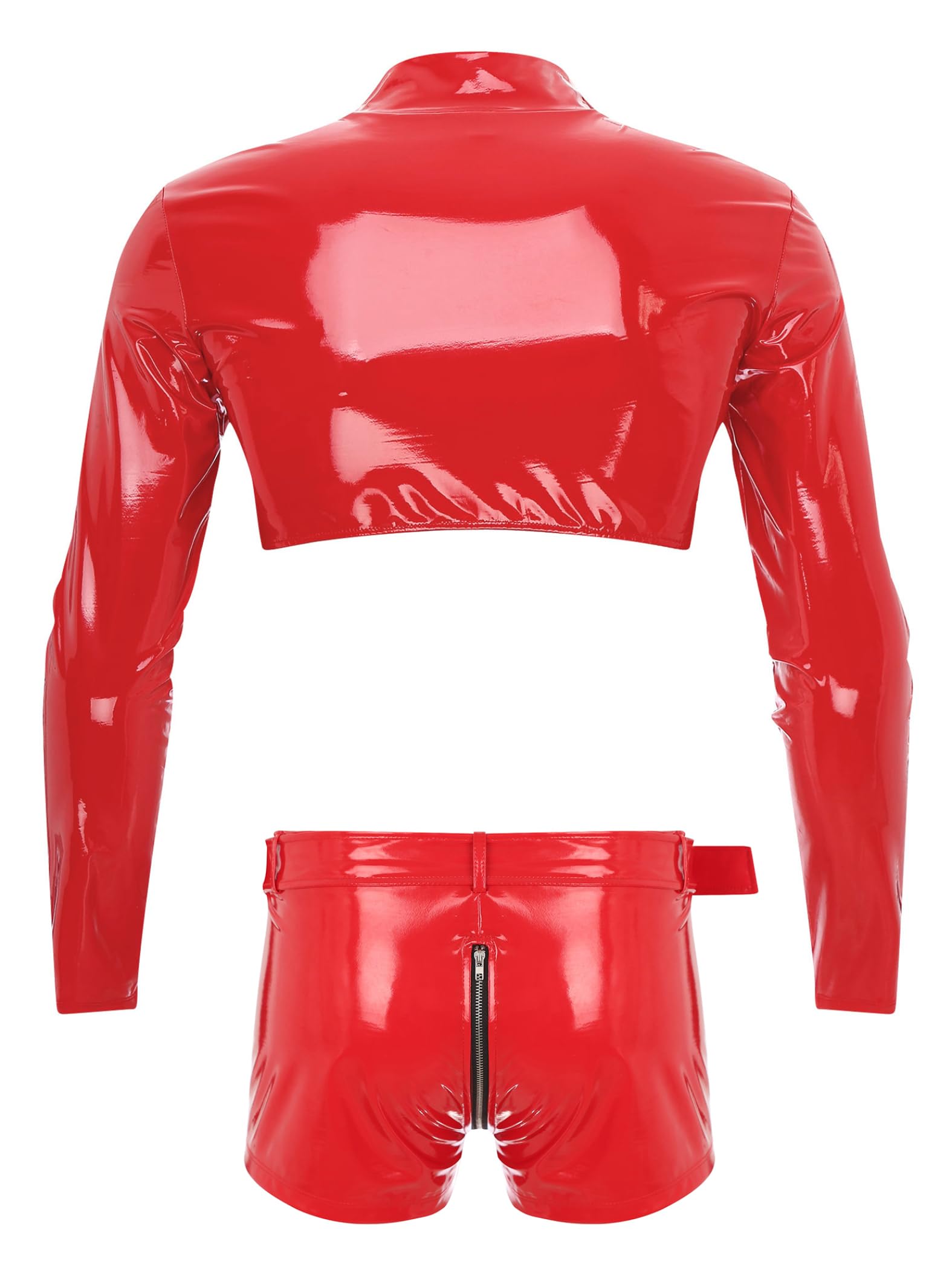 Męskie Wetlook Bielizna Erotyczna Bielizna Lakierowana Skóra Babydoll Crop Top odkrywające bokserki ze skóry PU, Czerwona, M