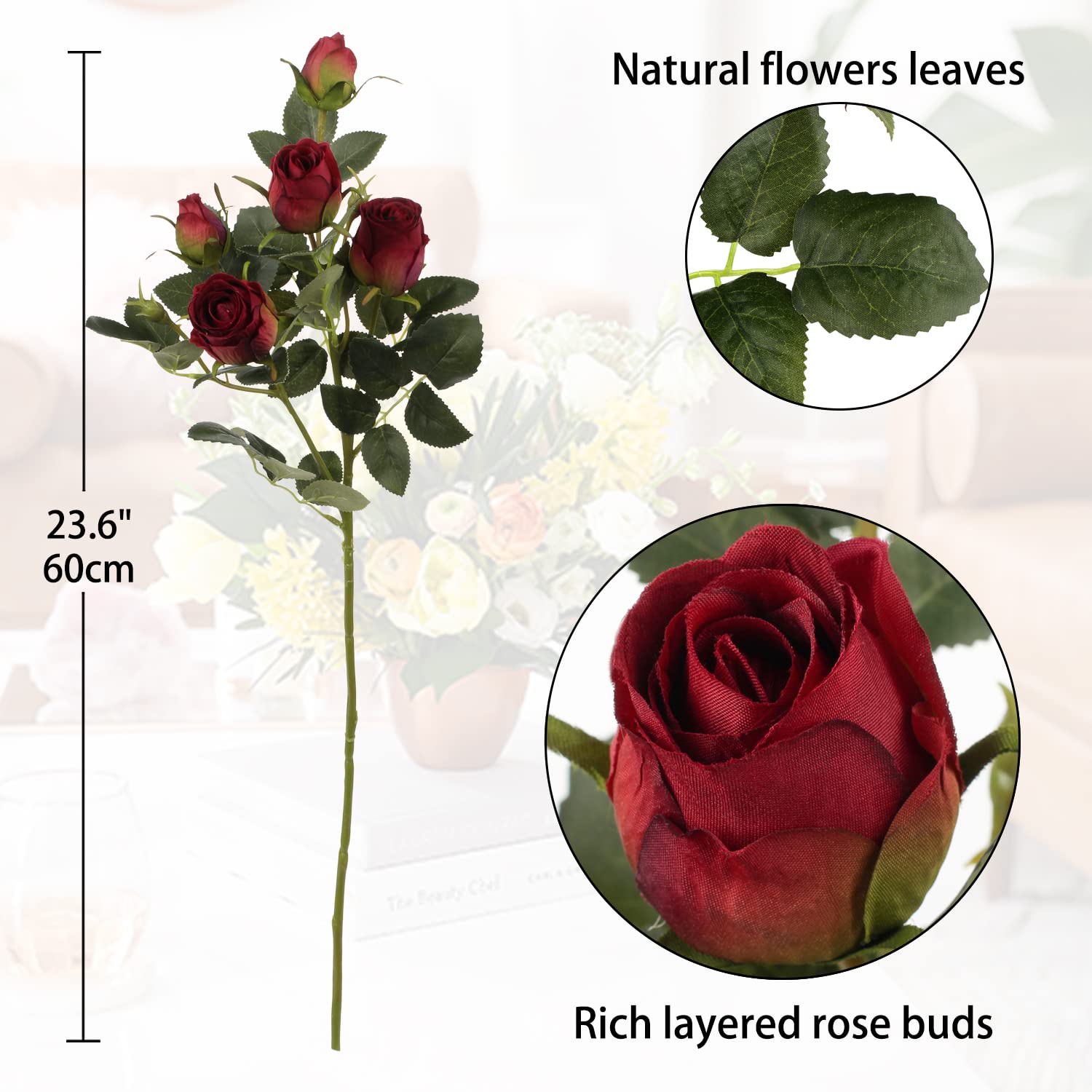 Briful Artificial Roses 3 Packs Long Stem Fake Flowers Rose Buds - Image 2