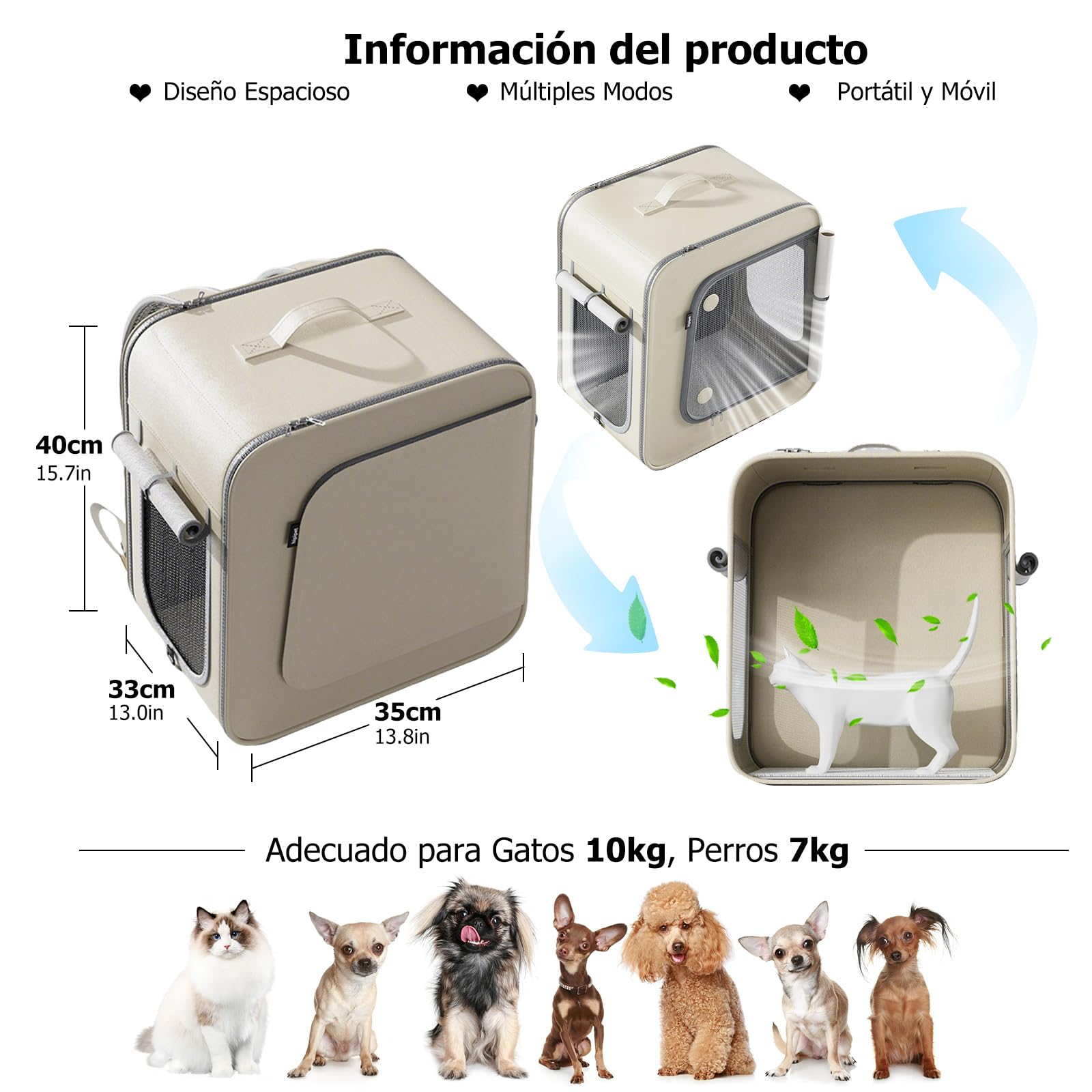 PETCUTE Transportín con Ruedas para Perros 3 en 1,Mochila Plegable ara Gatos Grandes y Perros Pequeños,Transportín de Viaje para Mascotas con Alfombrilla Extraíble,Arnés Interno,Carga Máxima 10kg