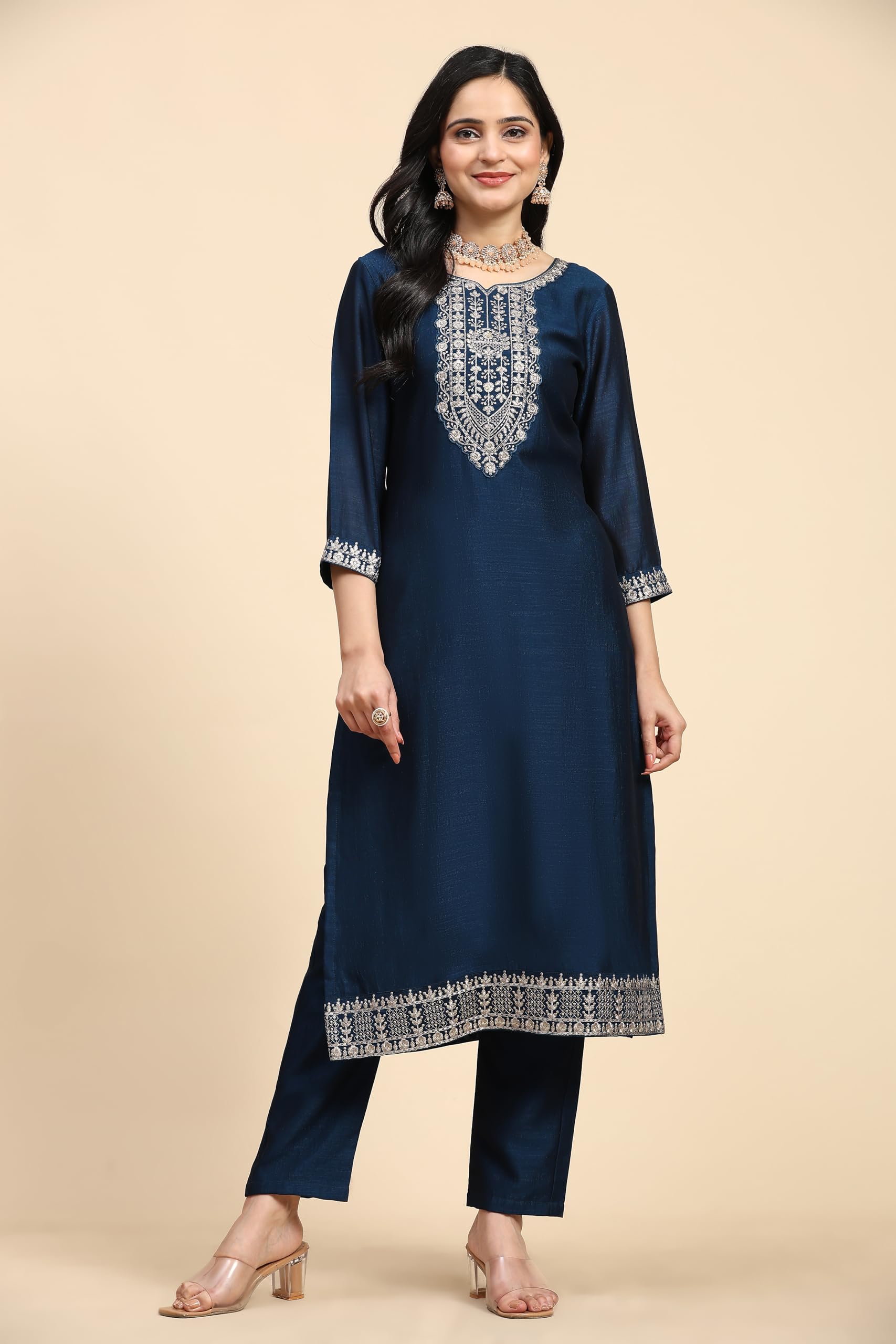 TRENDMALLS Damen Vichitra Seidenstickerei Salwar Anzug Set Kurta Hose mit Dupatta