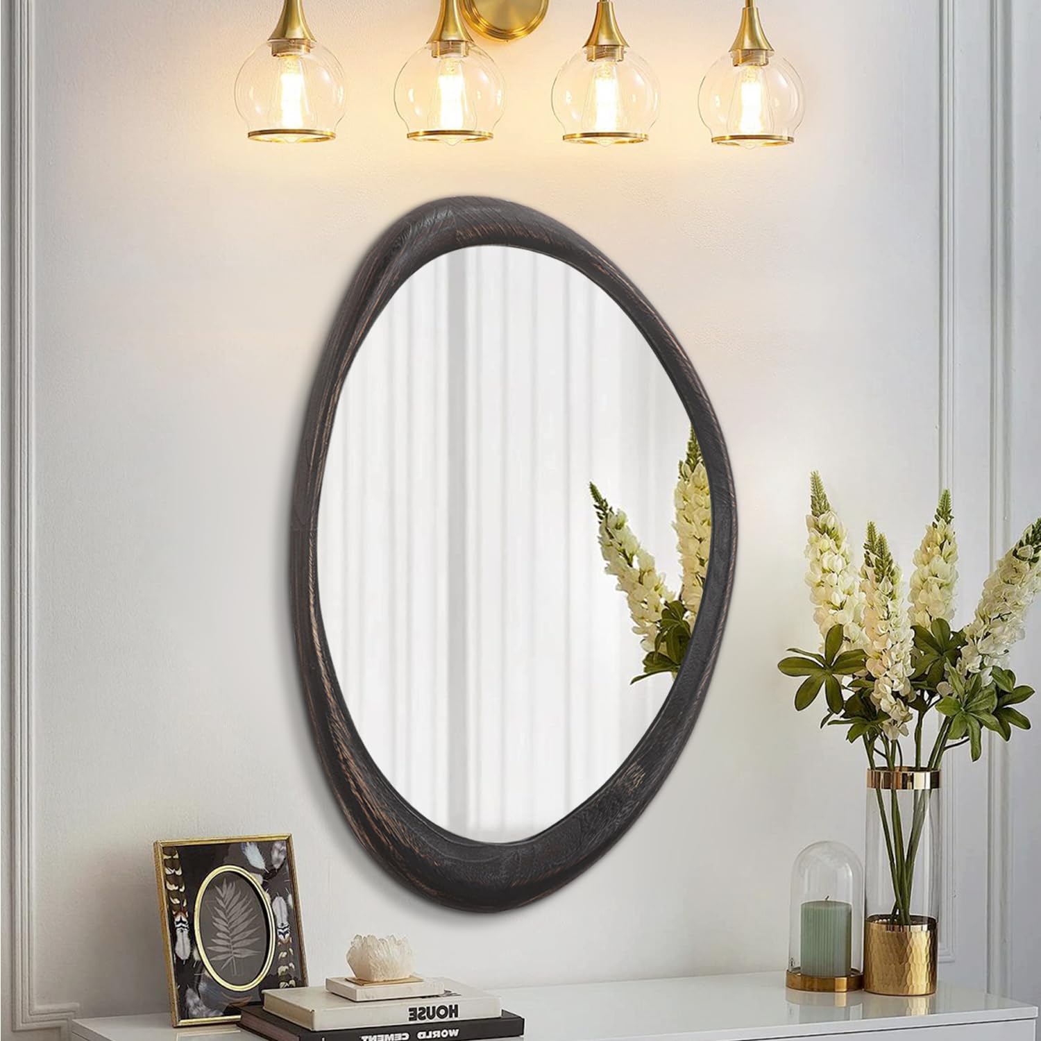 Grand miroir mural rétro irrégulier 71x51 cm avec cadre bois salon
