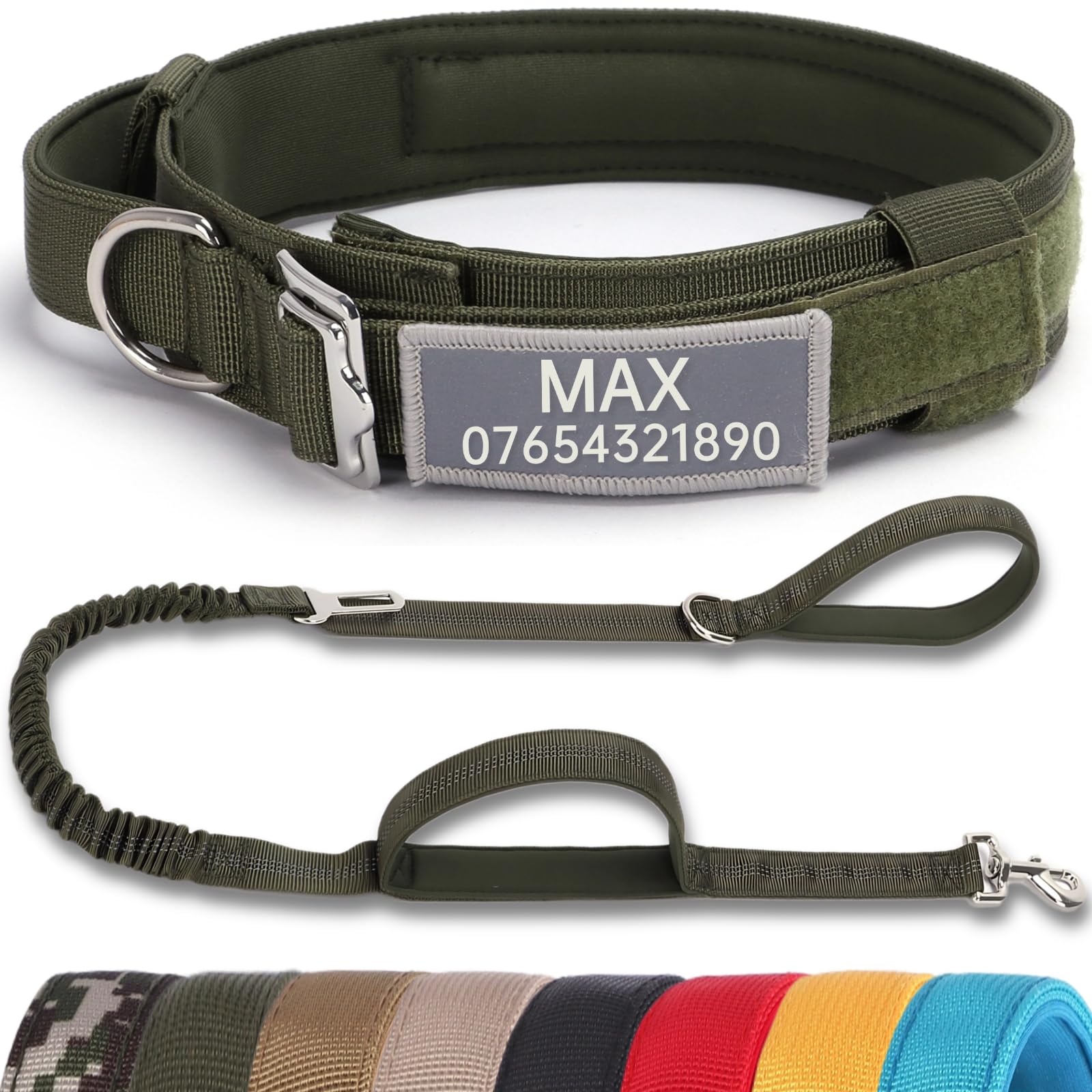 SEOUGEE Tactical Dog Collar Personalised with Handle and Leash Set, Soft Padded Dog Collars with Custom Reflective Name Patch, Pet Collars with Portable Buckle for Medium Large Dogs (Green Set, M) — image 1